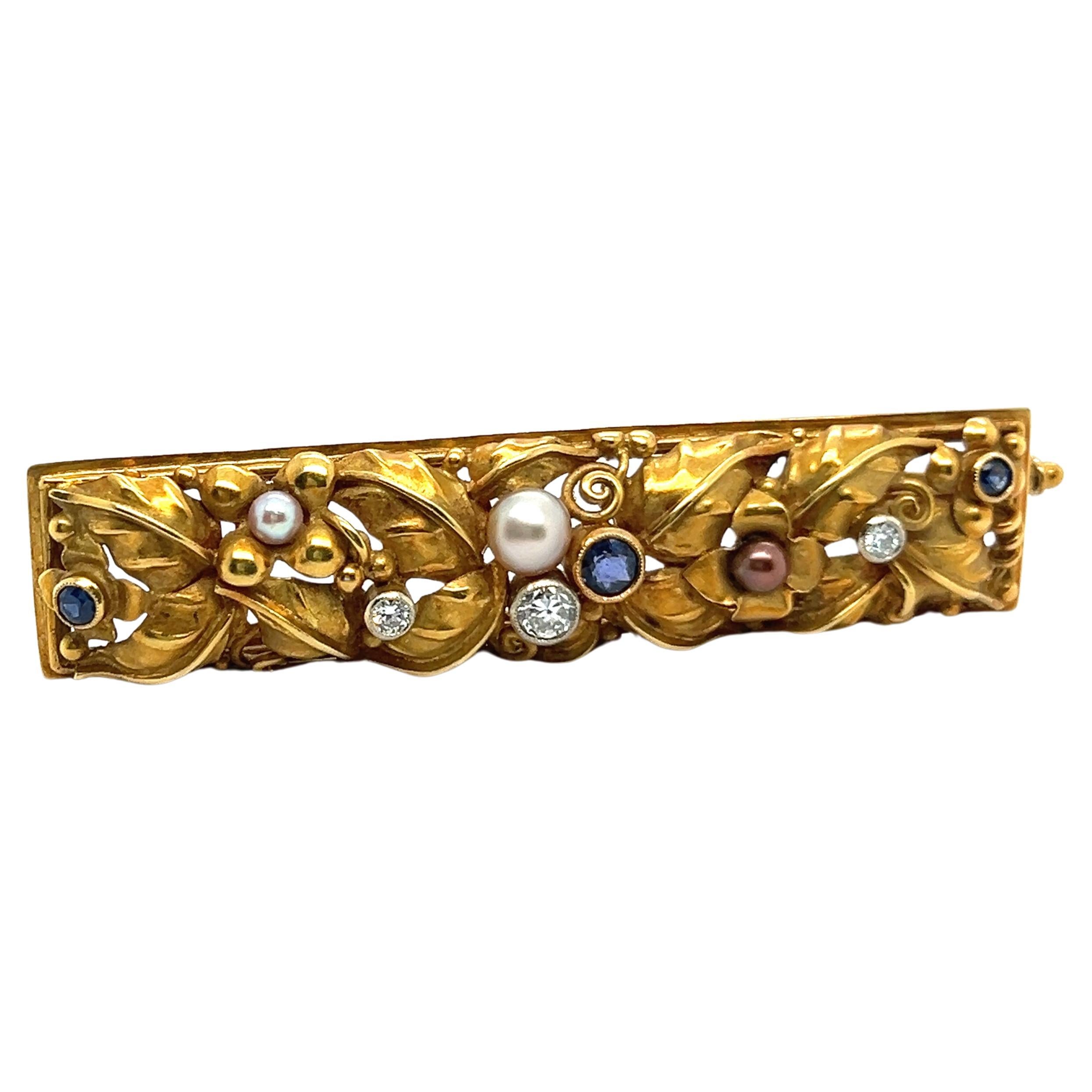 Floral Brooch with Sapphires, Diamonds & Pearls in 18 Karat Yellow Gold