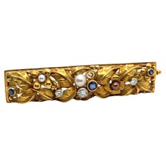 Floral Brooch with Sapphires, Diamonds & Pearls in 18 Karat Yellow Gold