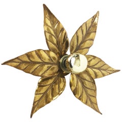 Floral Brutalist Brass Metal Wall Ceiling Light by Willy Daro, Belgium, 1970s