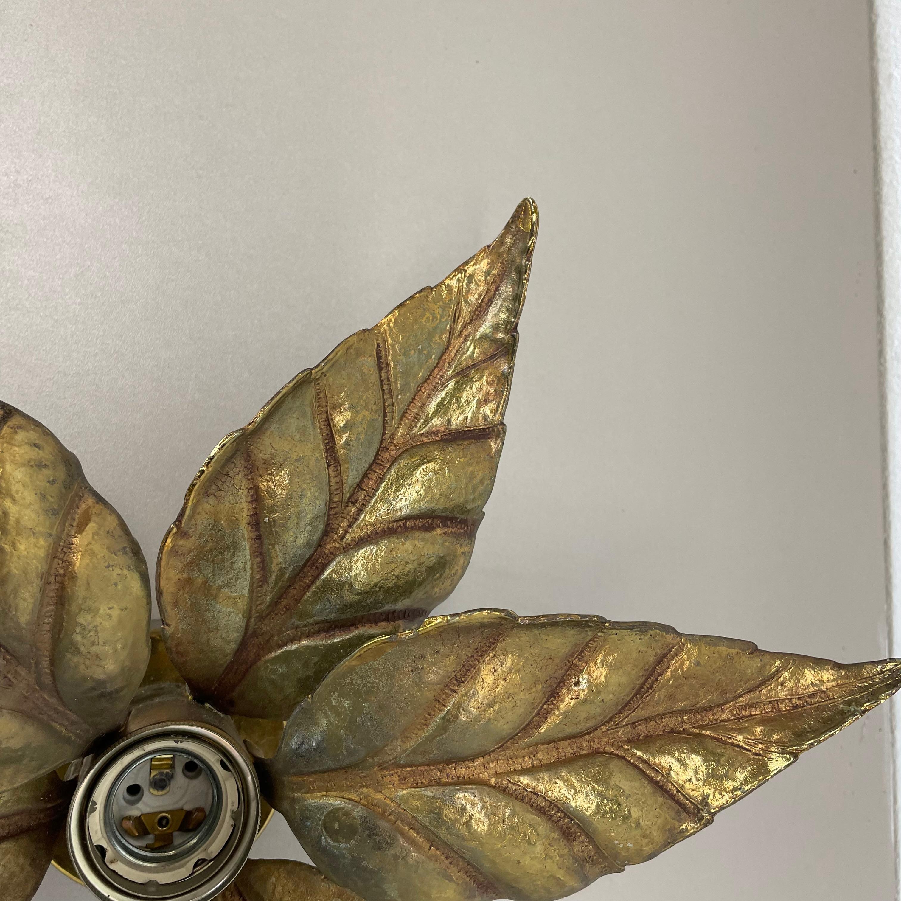 Floral Brutalist Brass Metal Wall Ceiling Light by Willy Daro Belgium, 1970s no1 For Sale 4