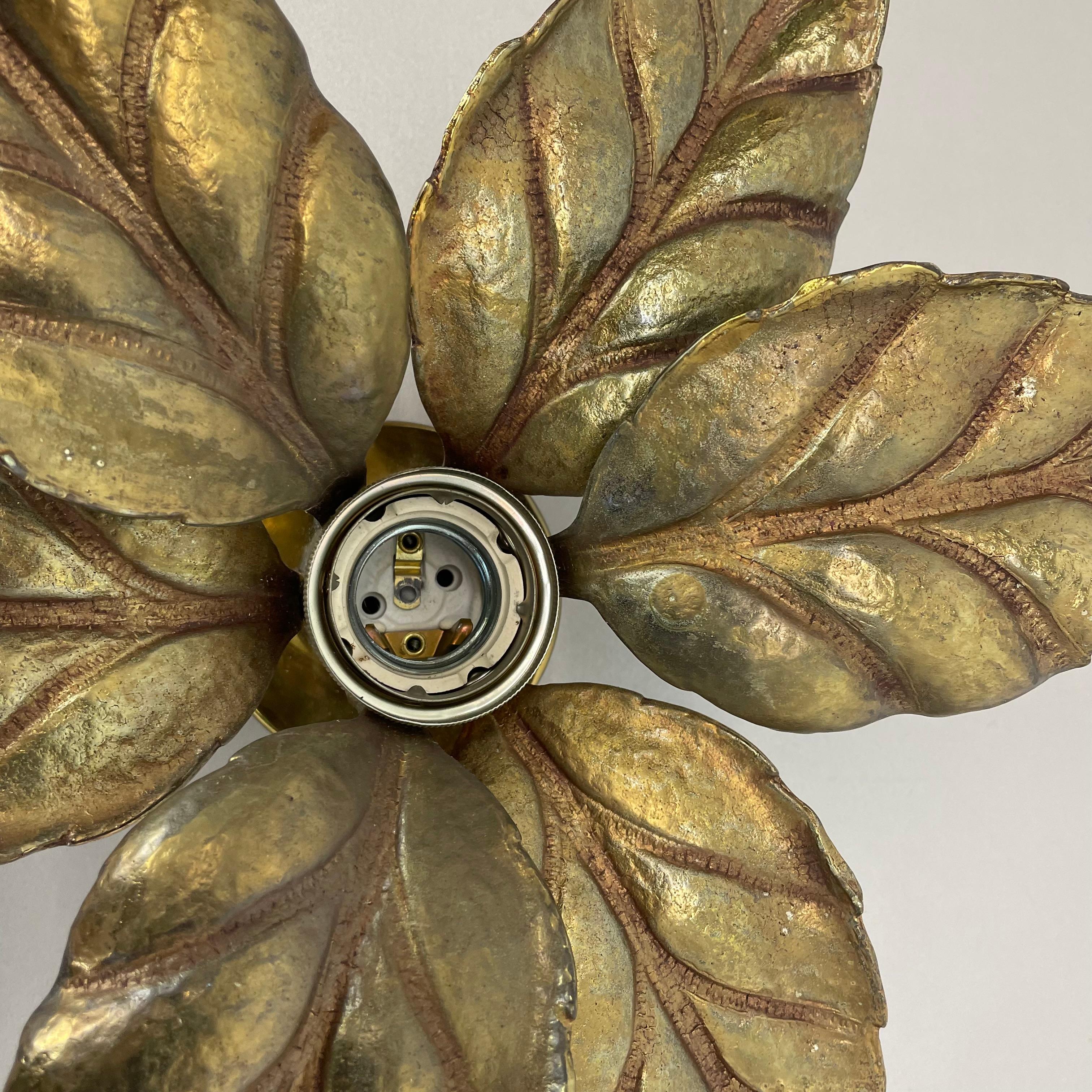 Floral Brutalist Brass Metal Wall Ceiling Light by Willy Daro Belgium, 1970s no1 For Sale 5