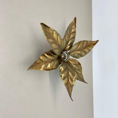 Floral Brutalist Brass Metal Wall Ceiling Light by Willy Daro Belgium, 1970s no1