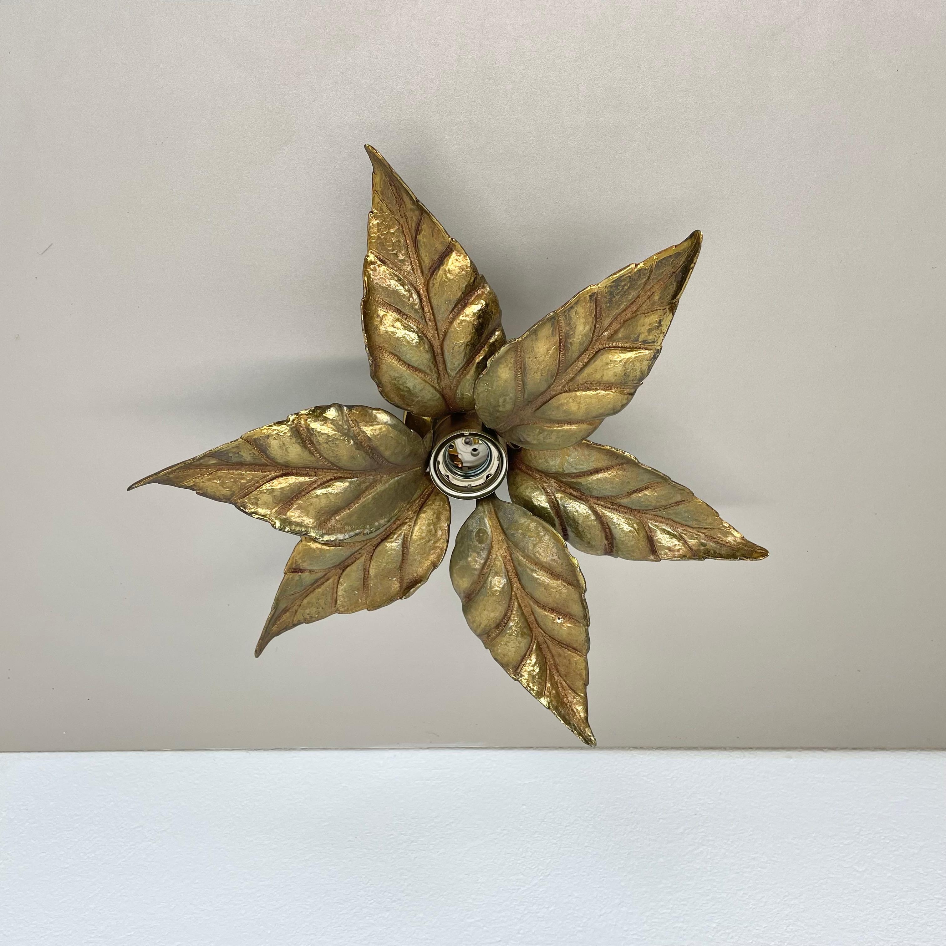 Mid-Century Modern Floral Brutalist Brass Metal Wall Ceiling Light by Willy Daro Belgium, 1970s no1 For Sale