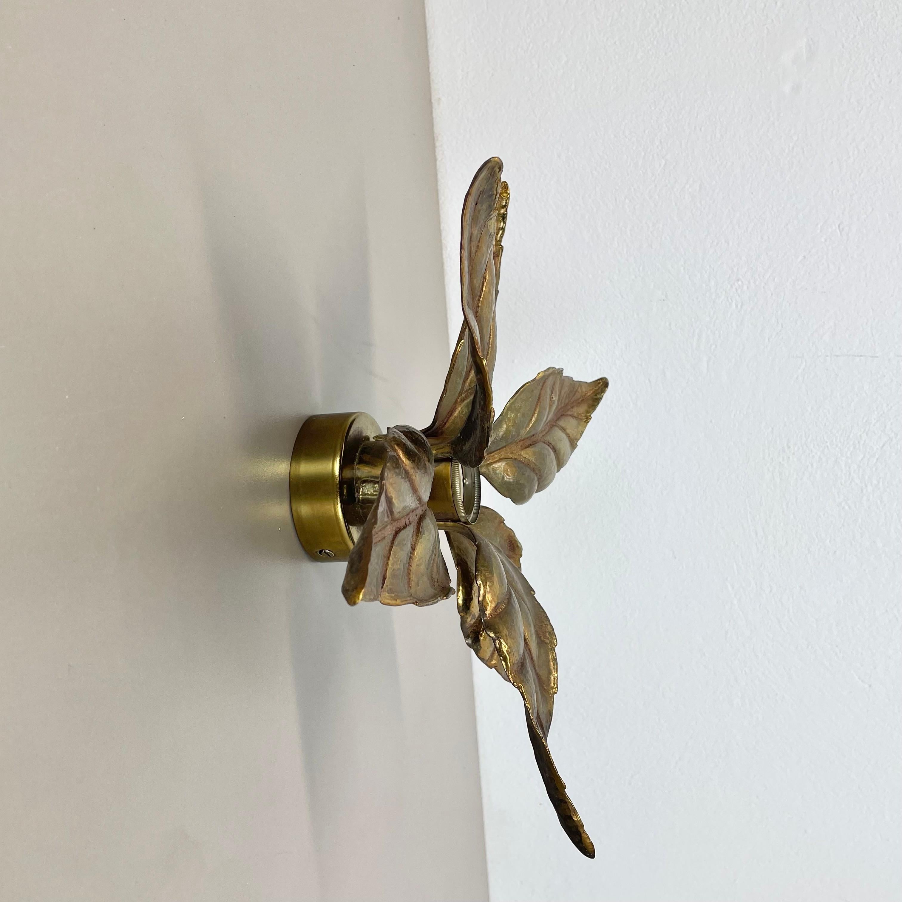 Italian Floral Brutalist Brass Metal Wall Ceiling Light by Willy Daro Belgium, 1970s no1 For Sale