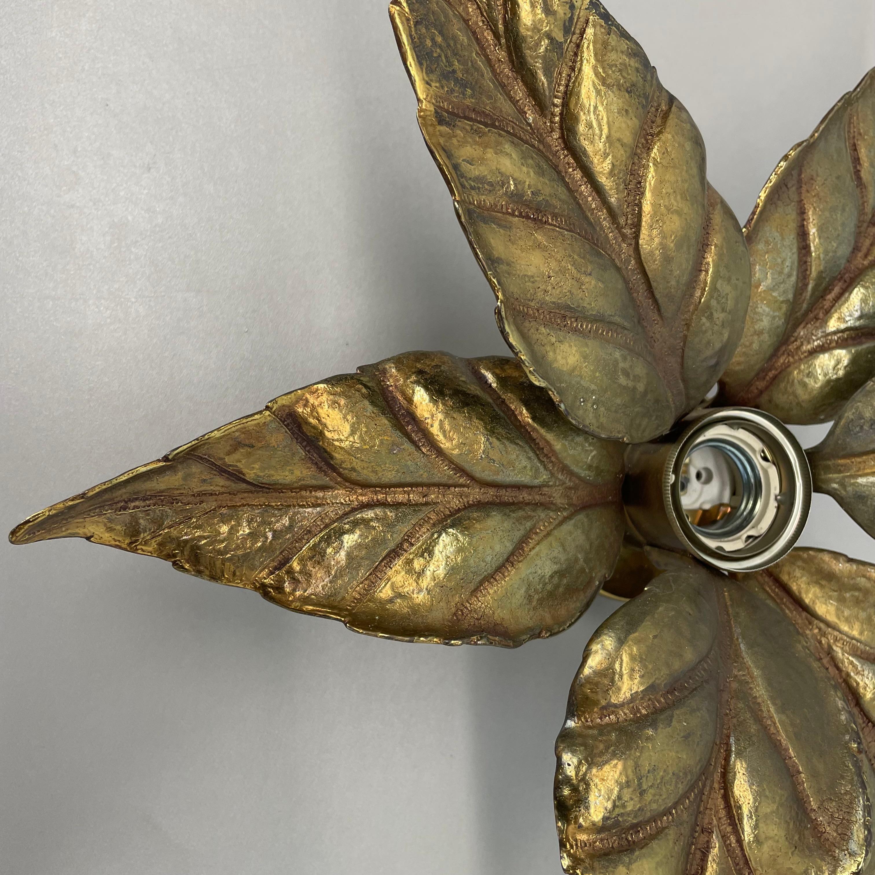 20th Century Floral Brutalist Brass Metal Wall Ceiling Light by Willy Daro Belgium, 1970s no1 For Sale