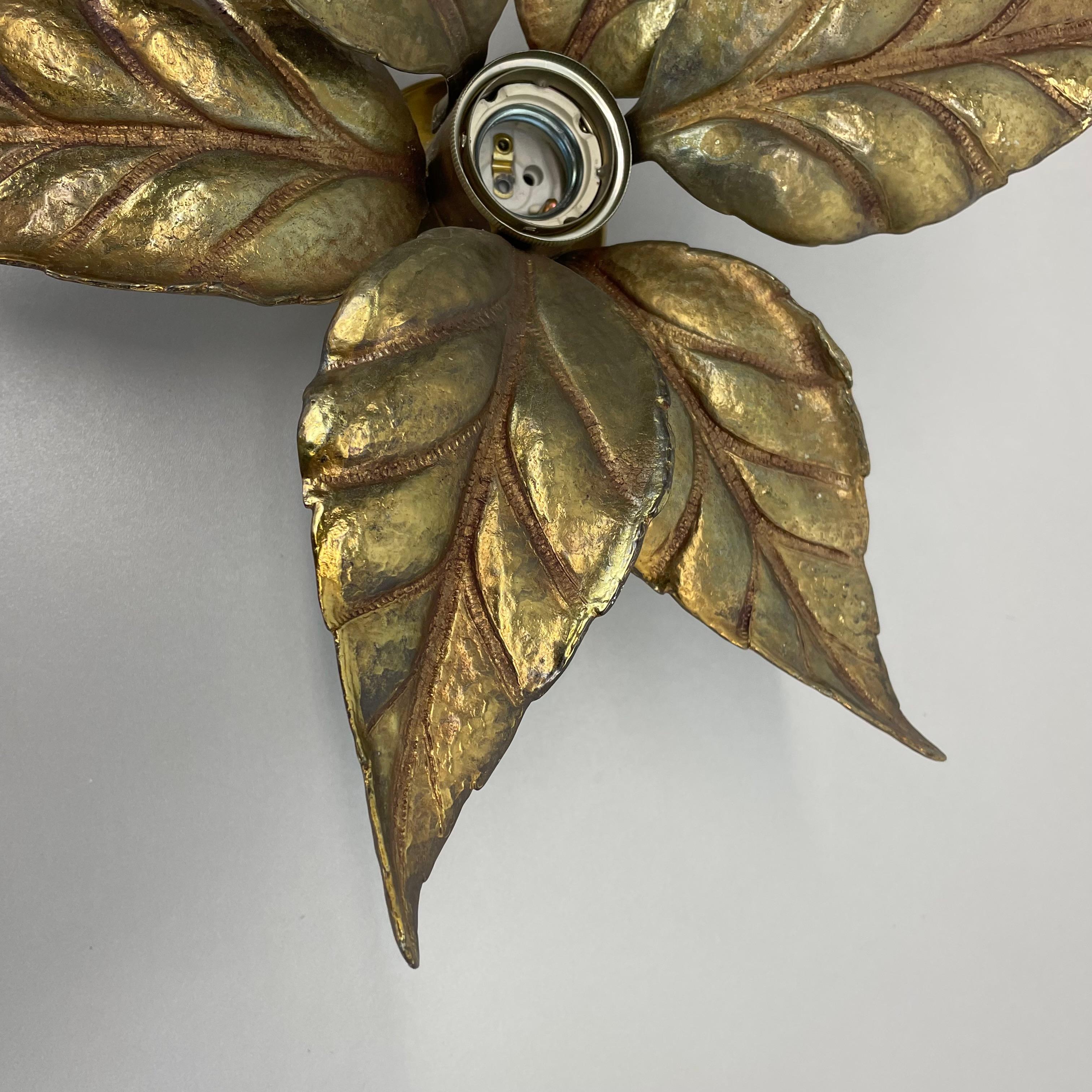 Floral Brutalist Brass Metal Wall Ceiling Light by Willy Daro Belgium, 1970s no1 For Sale 1