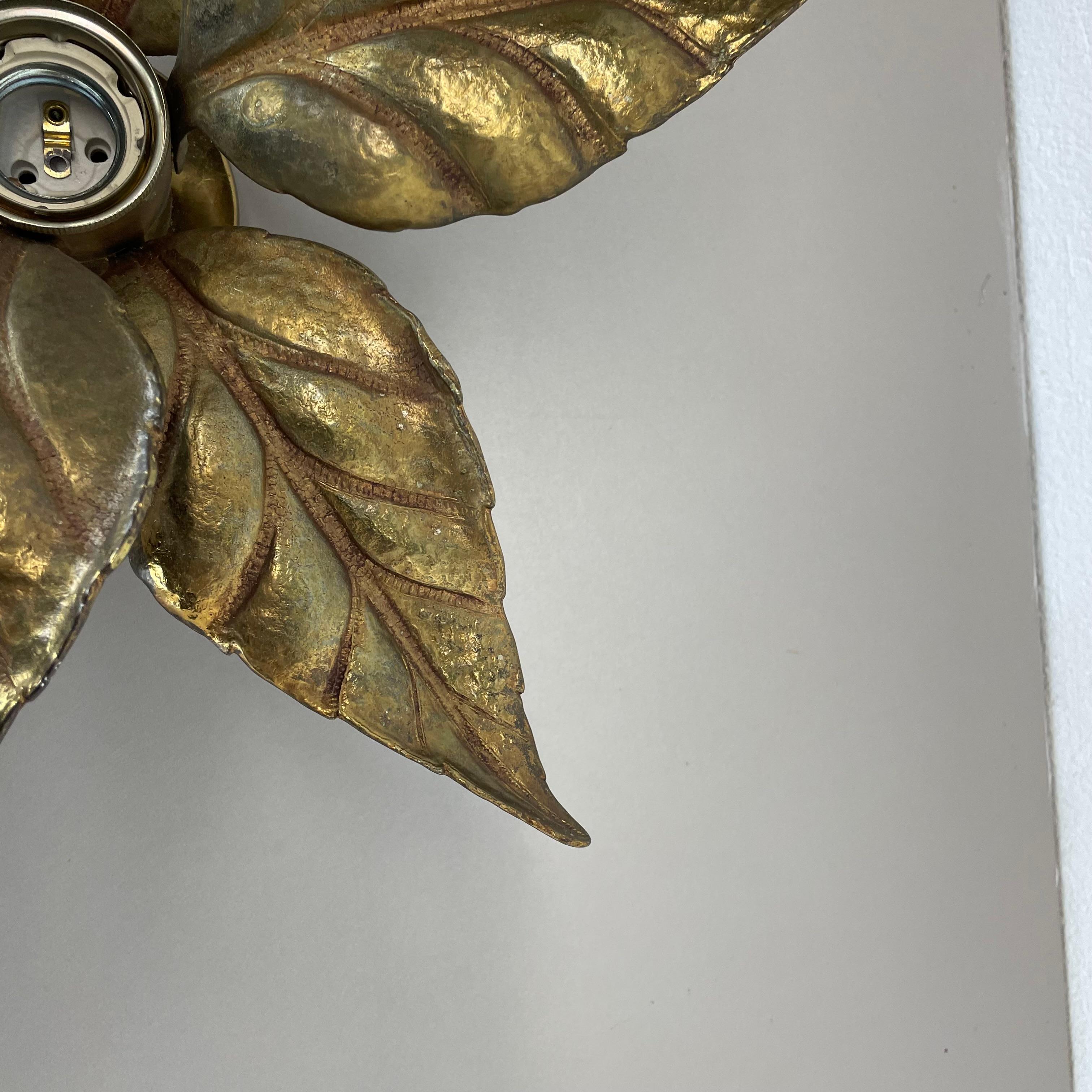 Floral Brutalist Brass Metal Wall Ceiling Light by Willy Daro Belgium, 1970s no1 For Sale 2