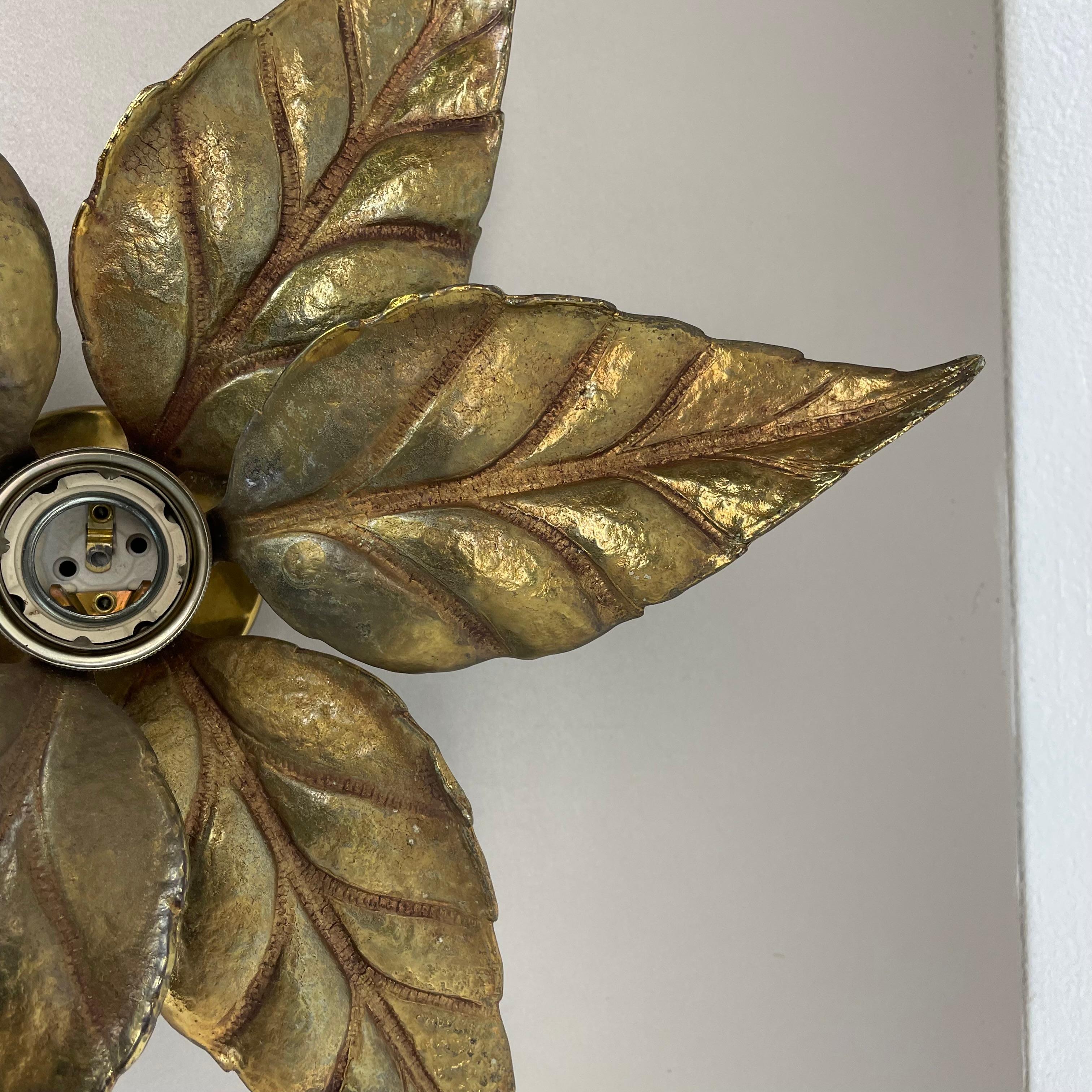 Floral Brutalist Brass Metal Wall Ceiling Light by Willy Daro Belgium, 1970s no1 For Sale 3