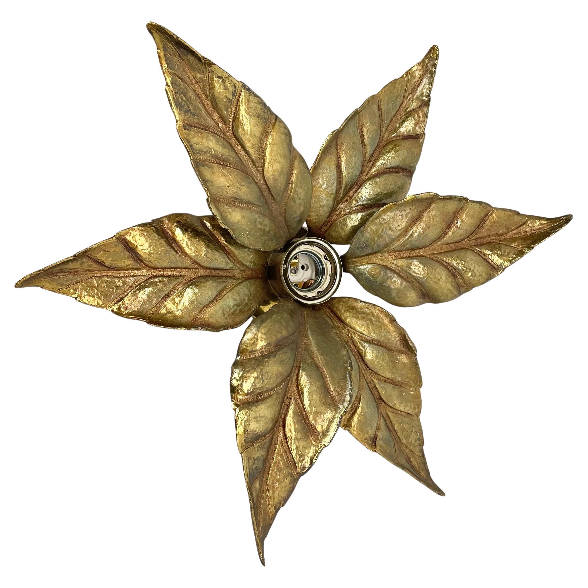 Floral Brutalist Brass Metal Wall Ceiling Light by Willy Daro Belgium, 1970s no1