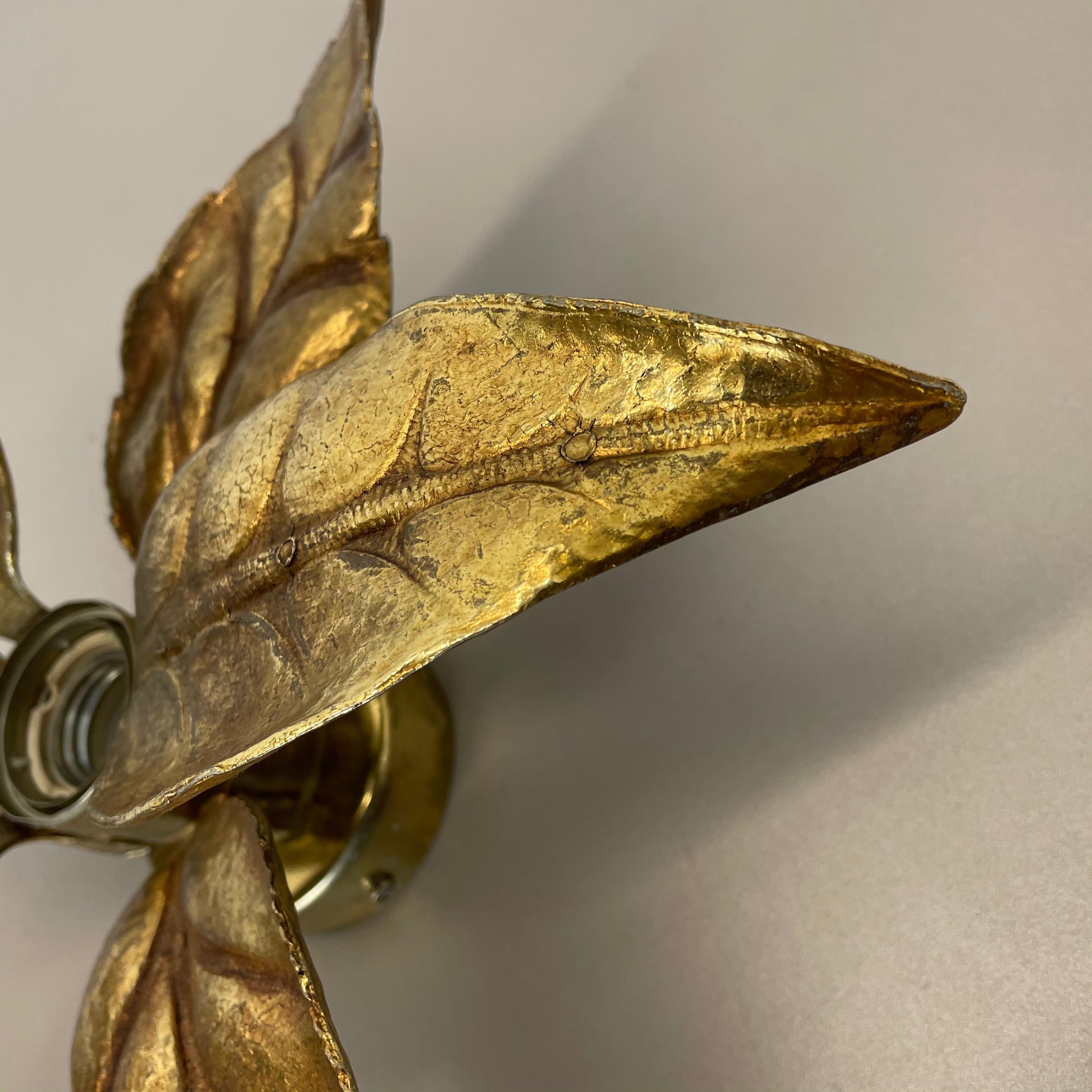 Floral Brutalist Brass Metal Wall Ceiling Light by Willy Daro Belgium, 1970s no2 For Sale 4