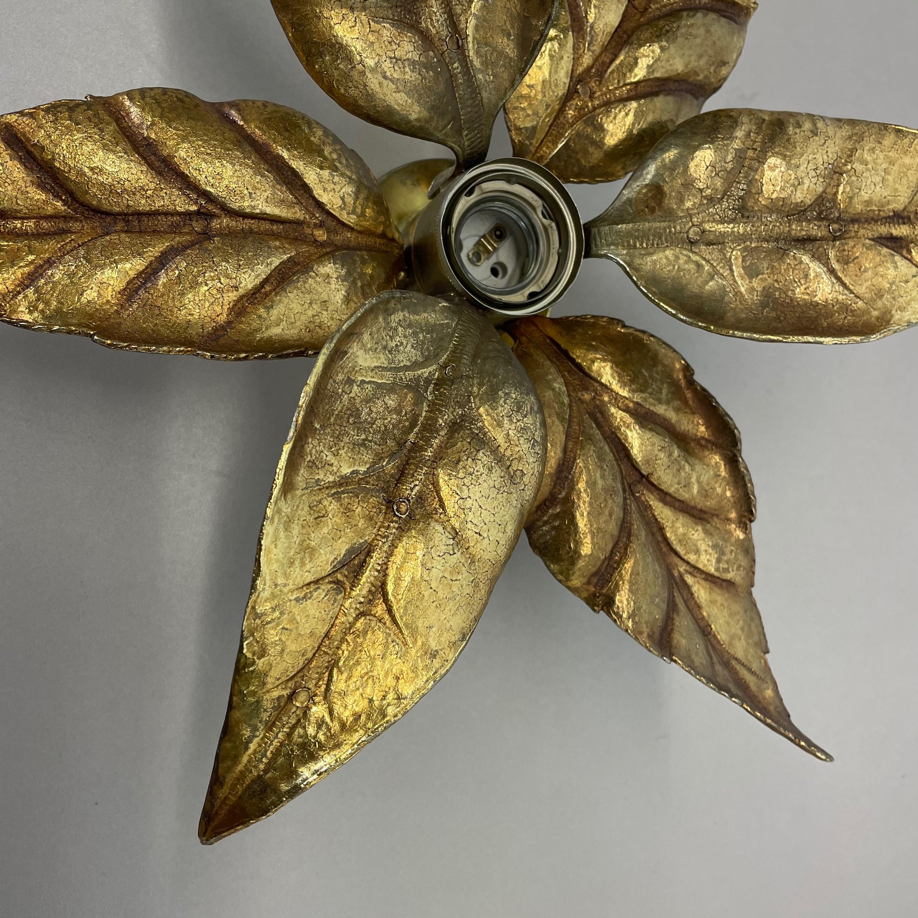 Mid-Century Modern Floral Brutalist Brass Metal Wall Ceiling Light by Willy Daro Belgium, 1970s no2 For Sale