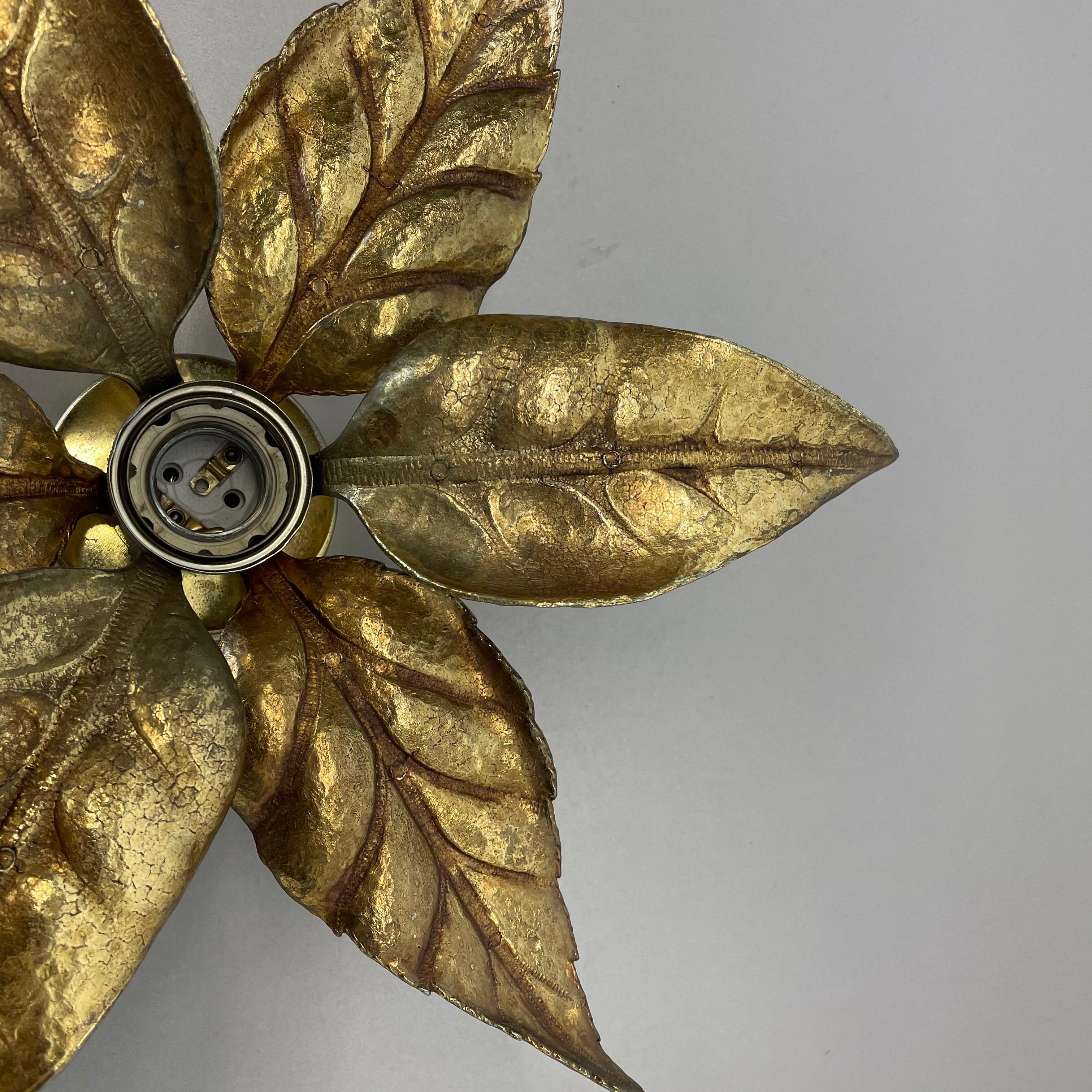 Italian Floral Brutalist Brass Metal Wall Ceiling Light by Willy Daro Belgium, 1970s no2 For Sale
