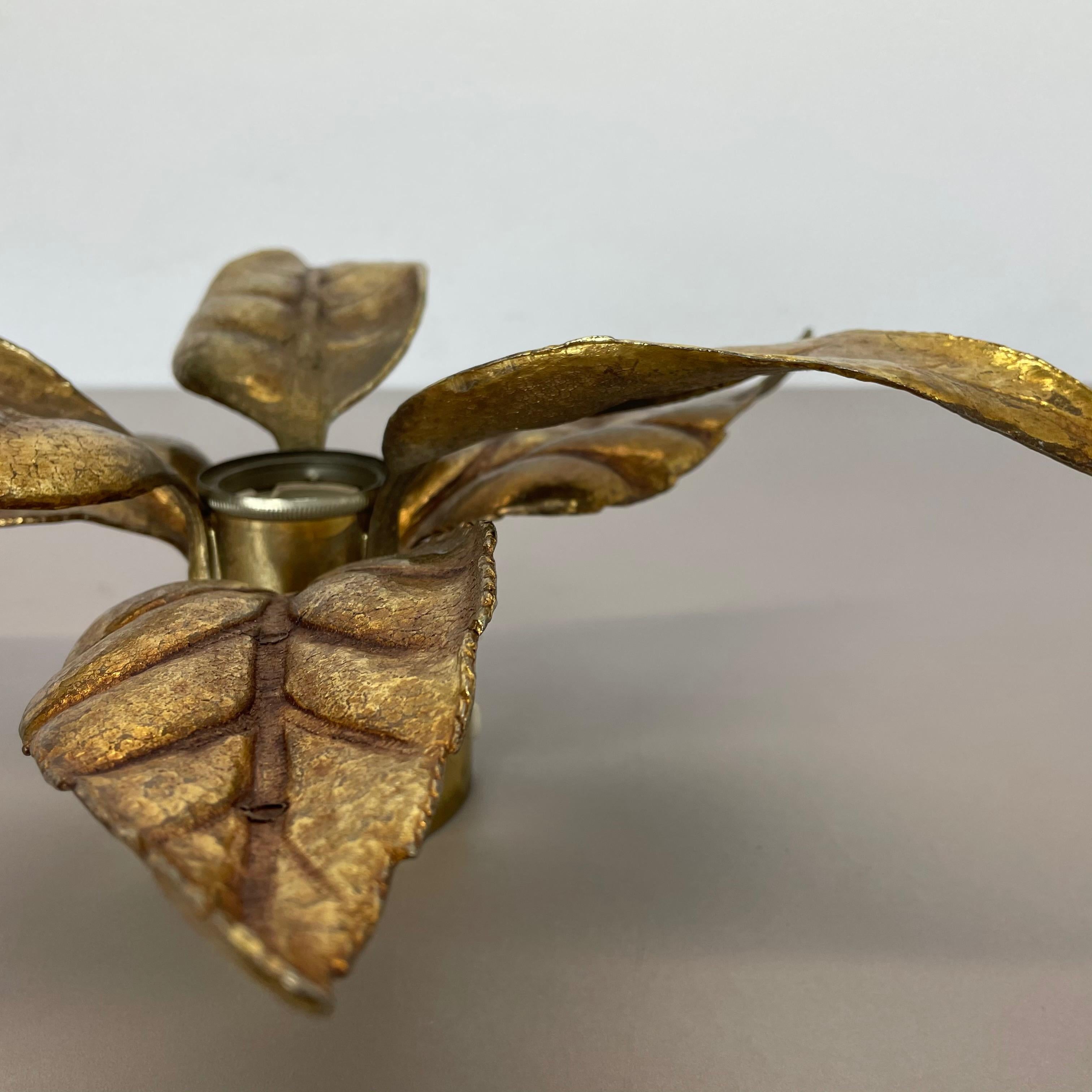 Floral Brutalist Brass Metal Wall Ceiling Light by Willy Daro Belgium, 1970s no2 For Sale 3