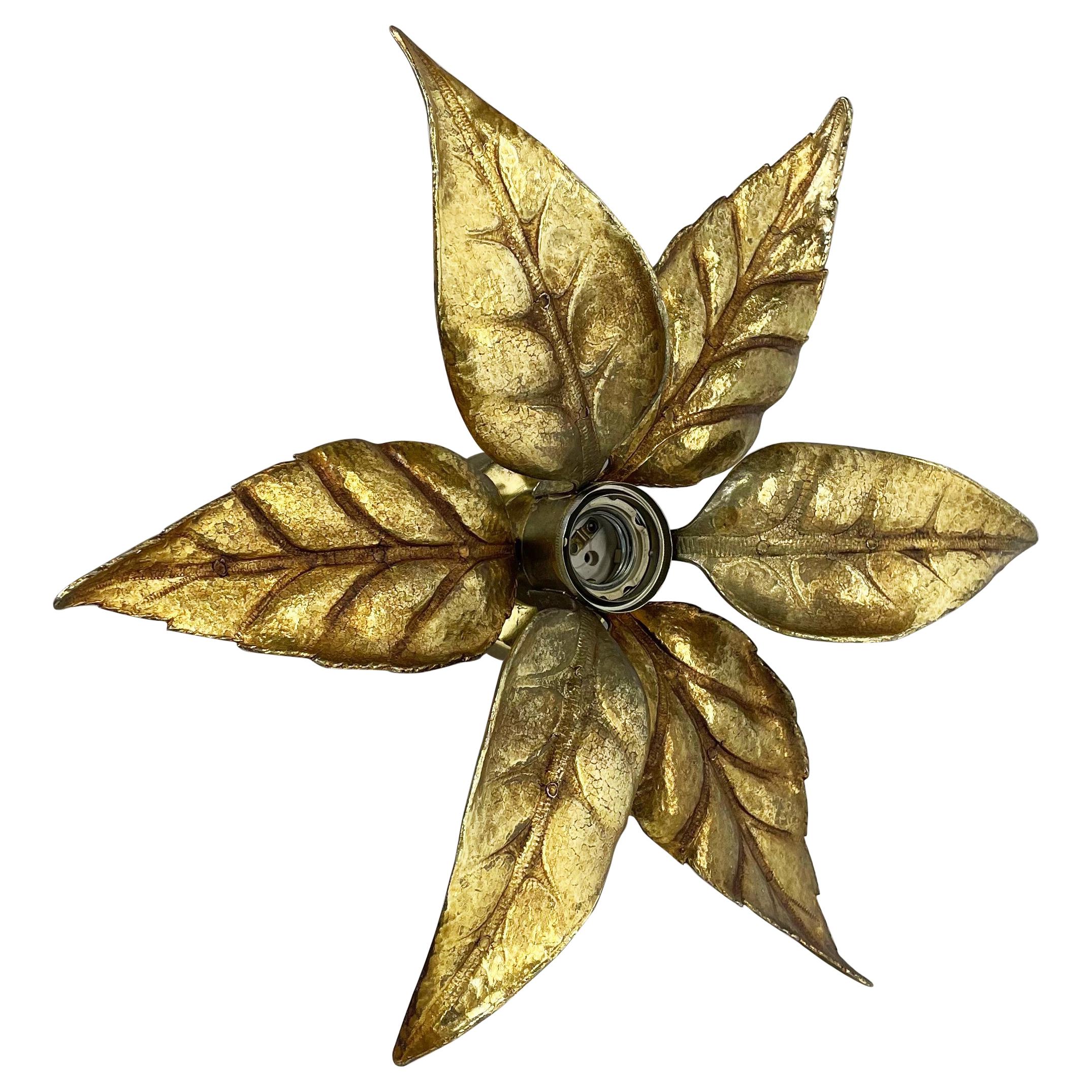 Floral Brutalist Brass Metal Wall Ceiling Light by Willy Daro Belgium, 1970s no2