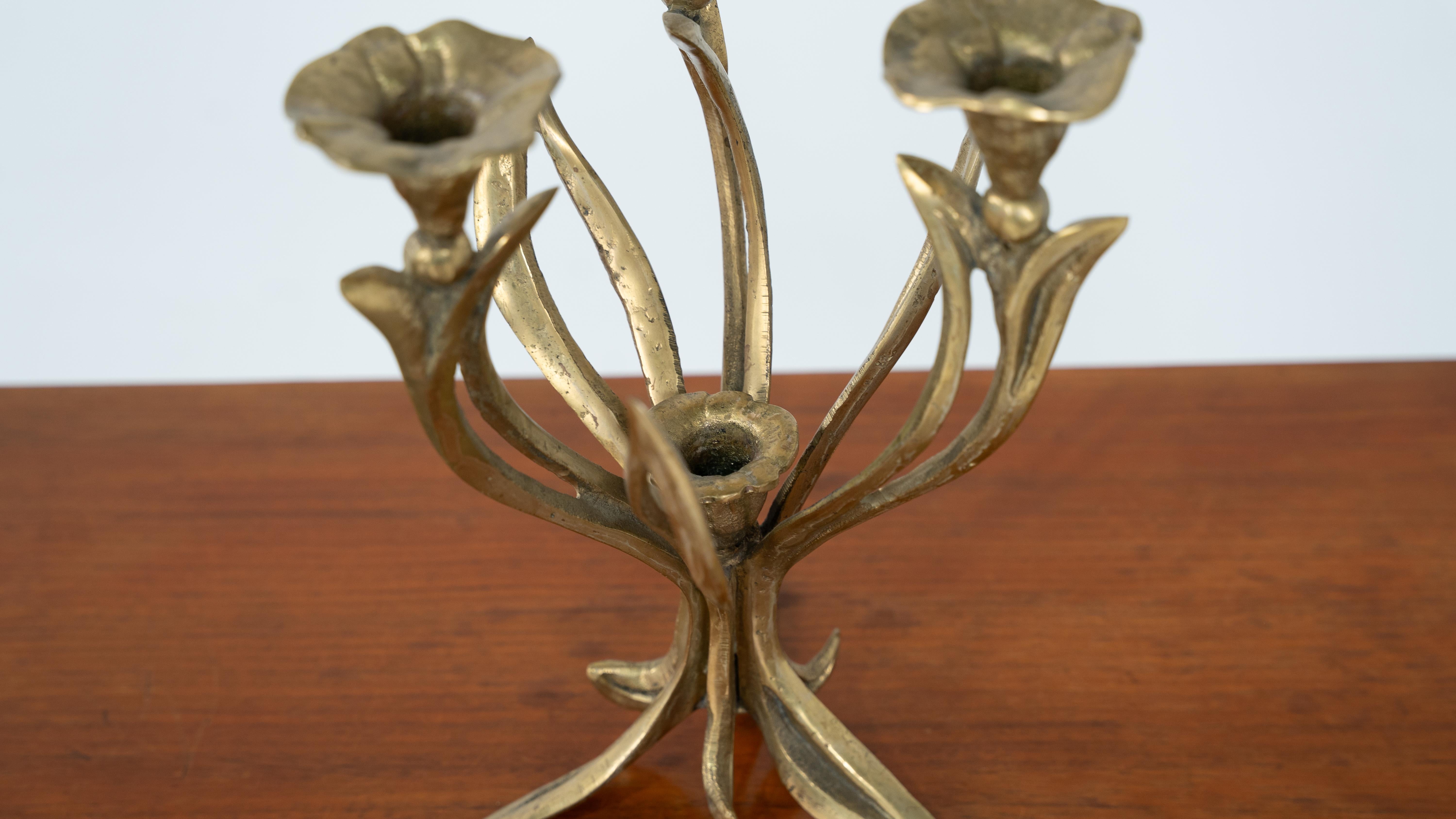 Brass Floral Brutalist Candle Holder For Sale