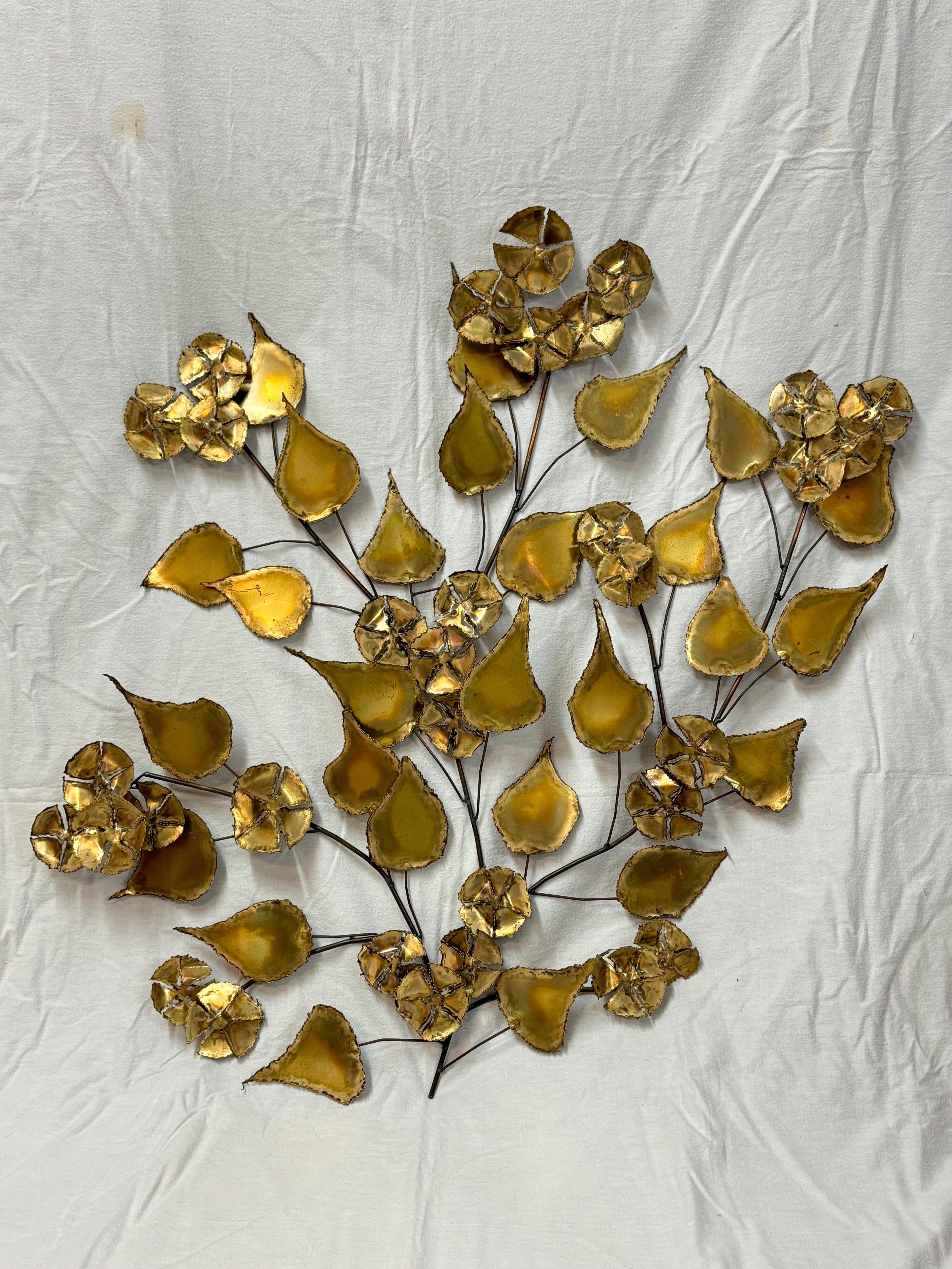 Mid-Century Modern Floral Brutalist Gilt Wall Sculpture in the style of Curtis Jere For Sale