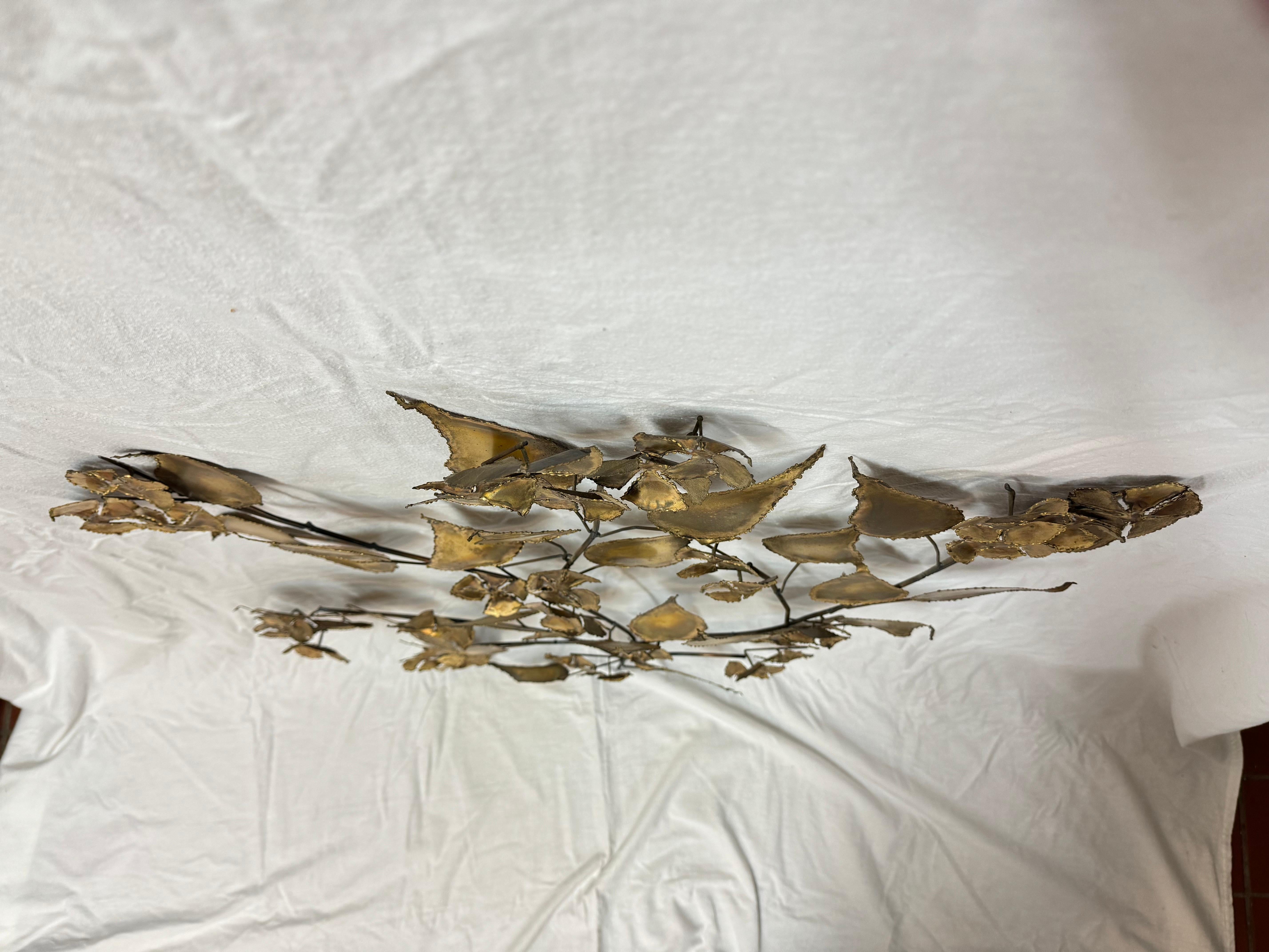 Metal Floral Brutalist Gilt Wall Sculpture in the style of Curtis Jere For Sale