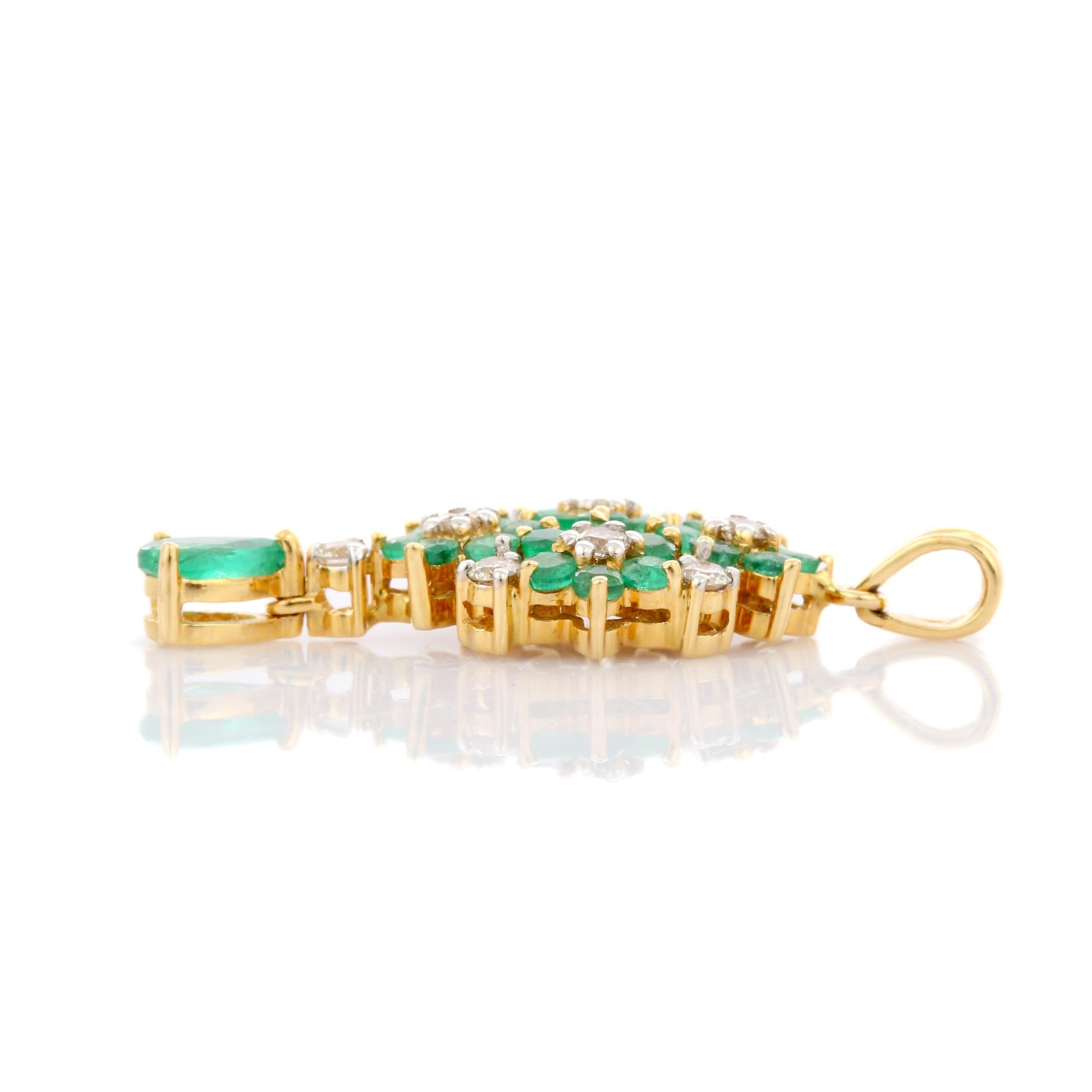 Natural Emerald pendant in 18K Gold. It has a pear and round cut emerald studded with diamonds that completes your look with a decent touch. Pendants are used to wear or gifted to represent love and promises. It's an attractive jewelry piece that