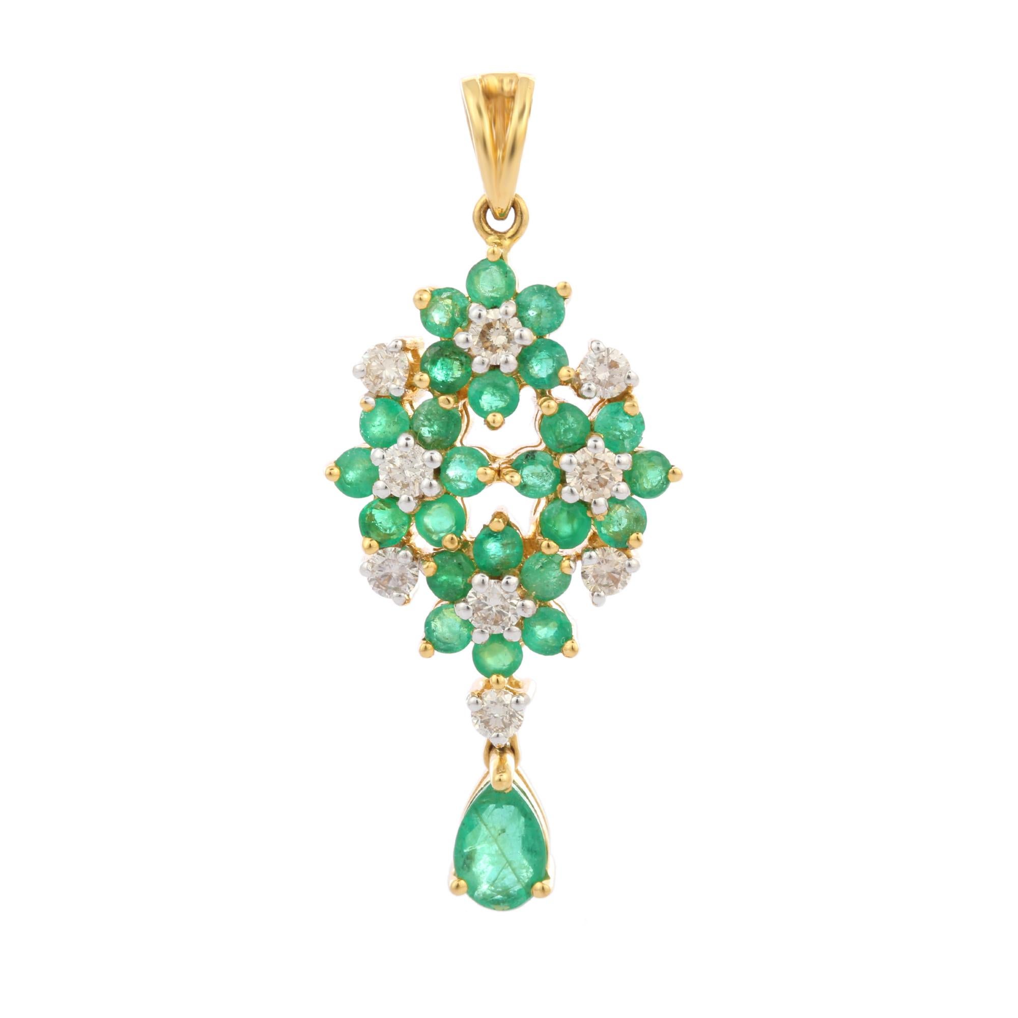 Art Deco Floral Bunch Emerald Pendant with Diamonds in 18K Yellow Gold For Sale