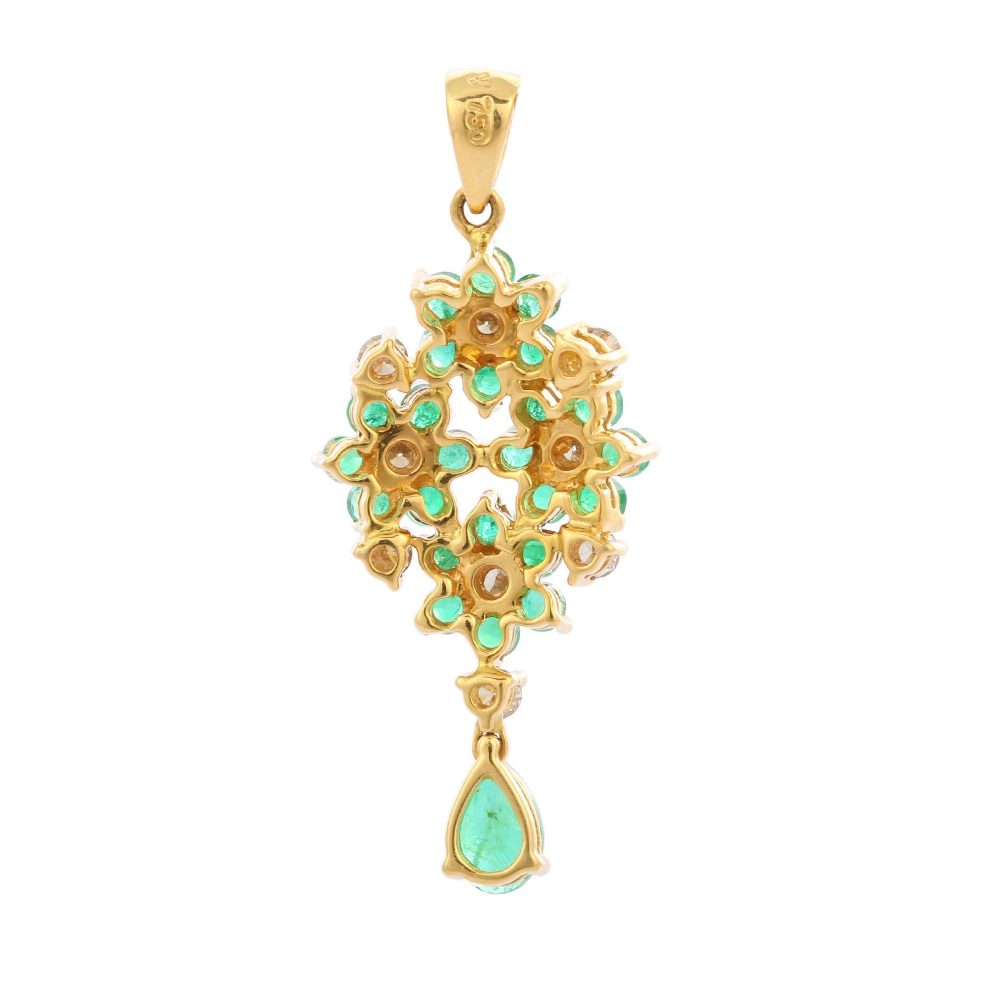 Pear Cut Floral Bunch Emerald Pendant with Diamonds in 18K Yellow Gold For Sale