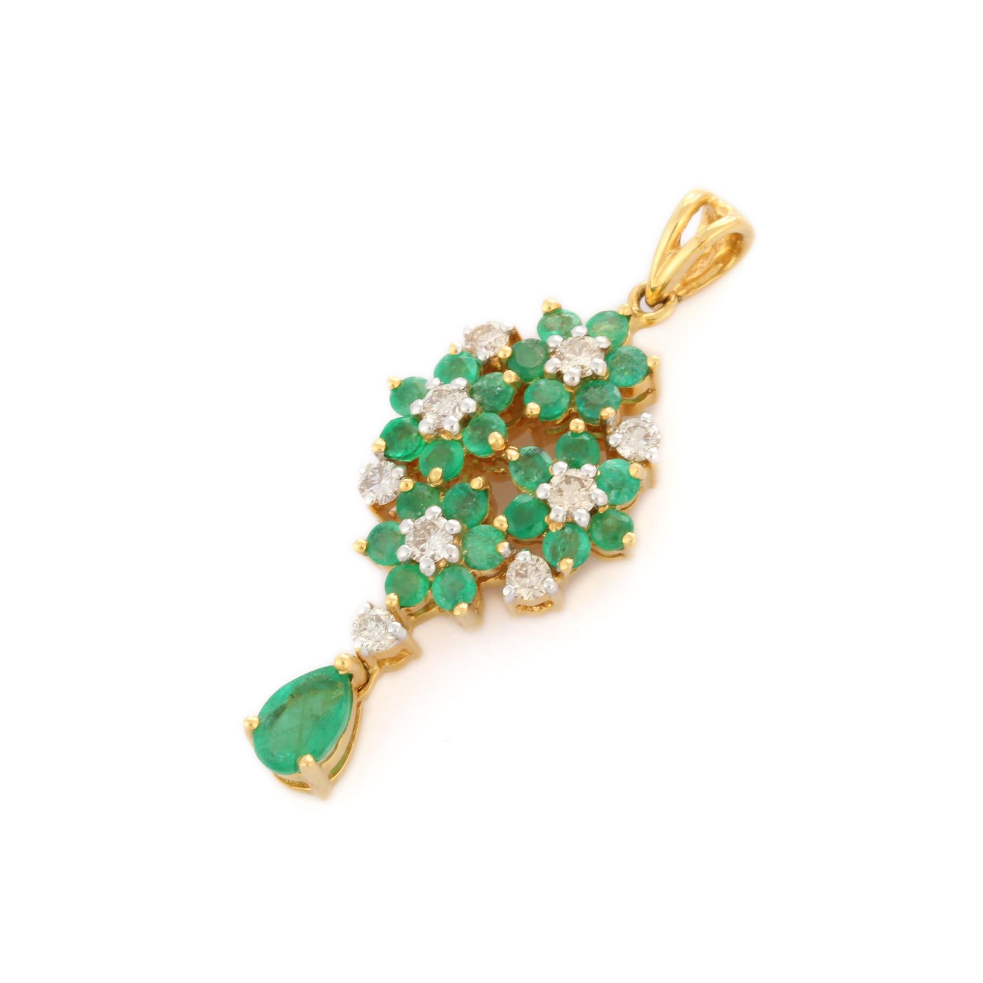 Floral Bunch Emerald Pendant with Diamonds in 18K Yellow Gold In New Condition For Sale In Houston, TX