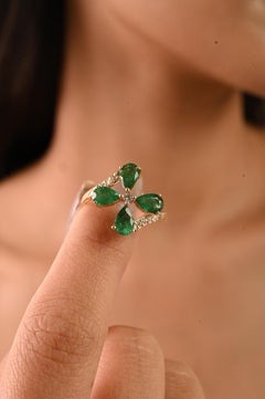 Floral Bypass Cocktail Ring in 14K Yellow Gold with 1.57 Ct Emerald & Diamond