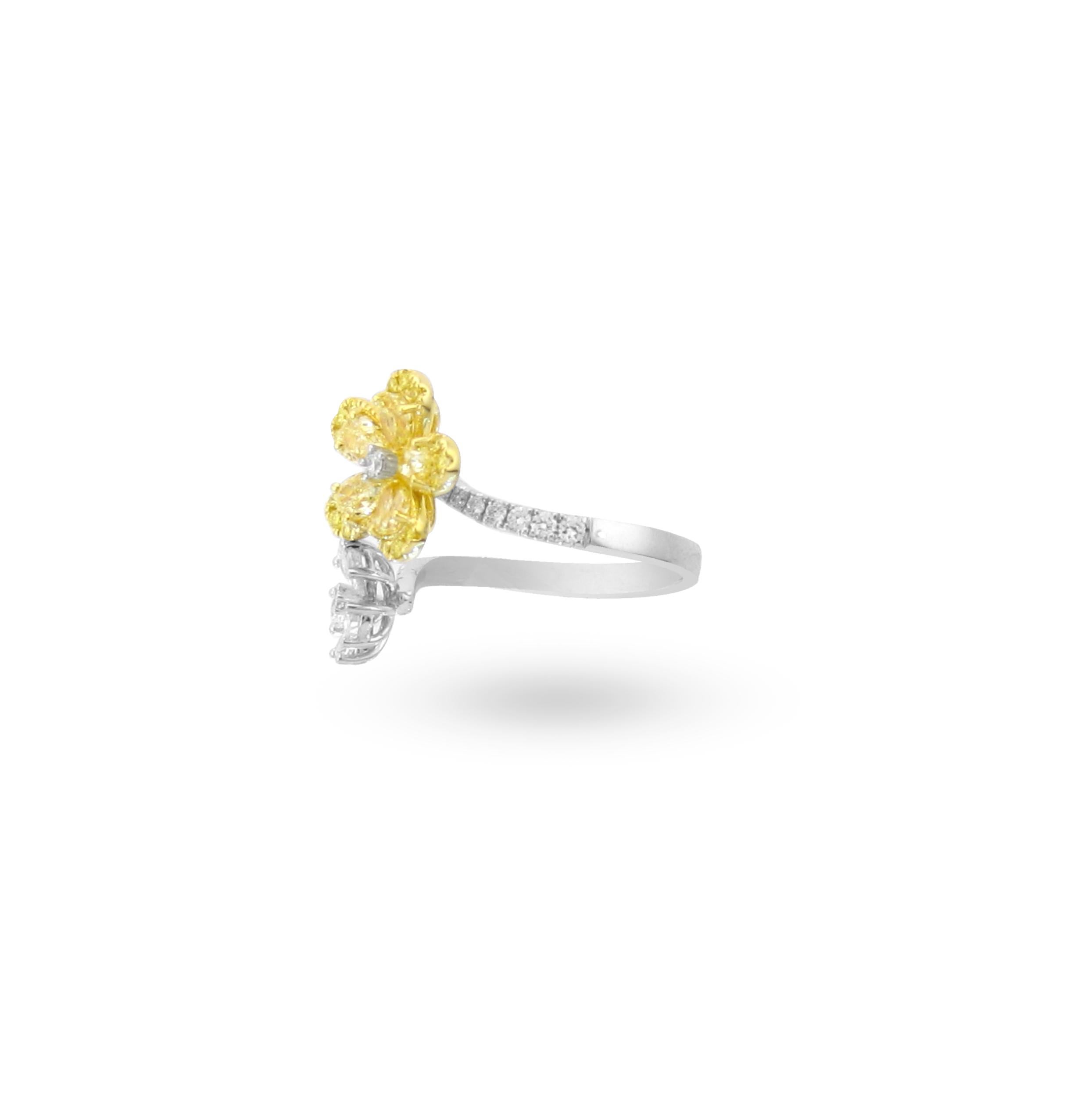 Pear Cut Floral Bypass Natural Yellow Diamond Ring For Sale
