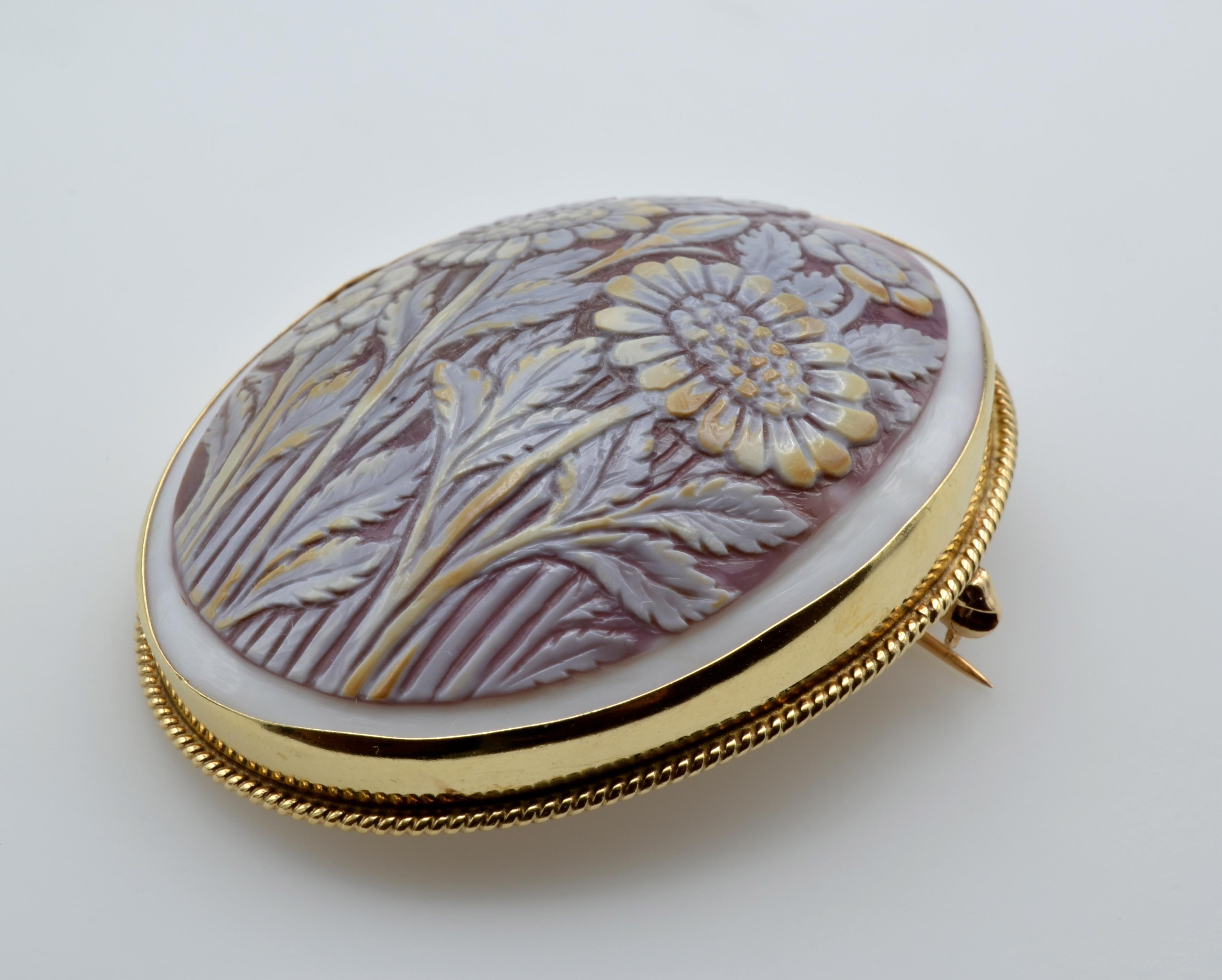Floral Cameo Hand-Carved Shell Brooch/Pendant set in 14 Karat Gold In Excellent Condition In Berkeley, CA