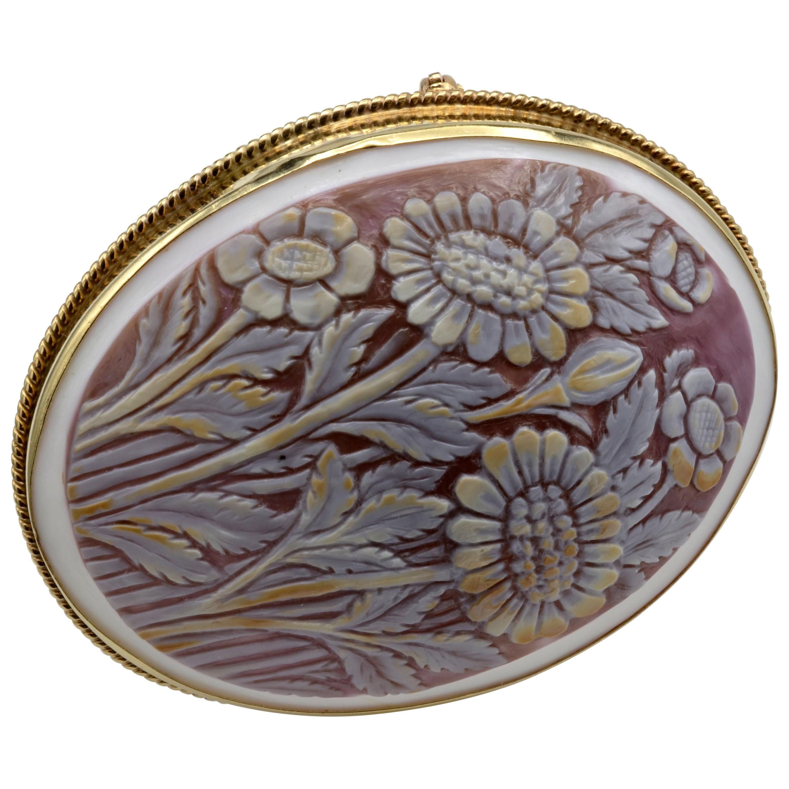 Floral Cameo Hand-Carved Shell Brooch/Pendant set in 14 Karat Gold