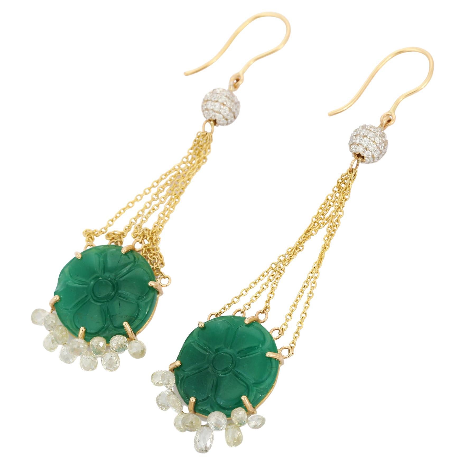 Turquoise and Emerald Dangle Earrings in Yellow Gold at 1stDibs