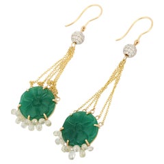 Floral Carved Emerald and Diamond Dangle Drop Earrings in 18K Solid Yellow Gold