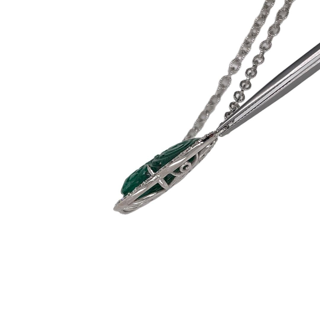 Modern Floral Carved Emerald & Diamond Pendant in 18K White Gold For Sale