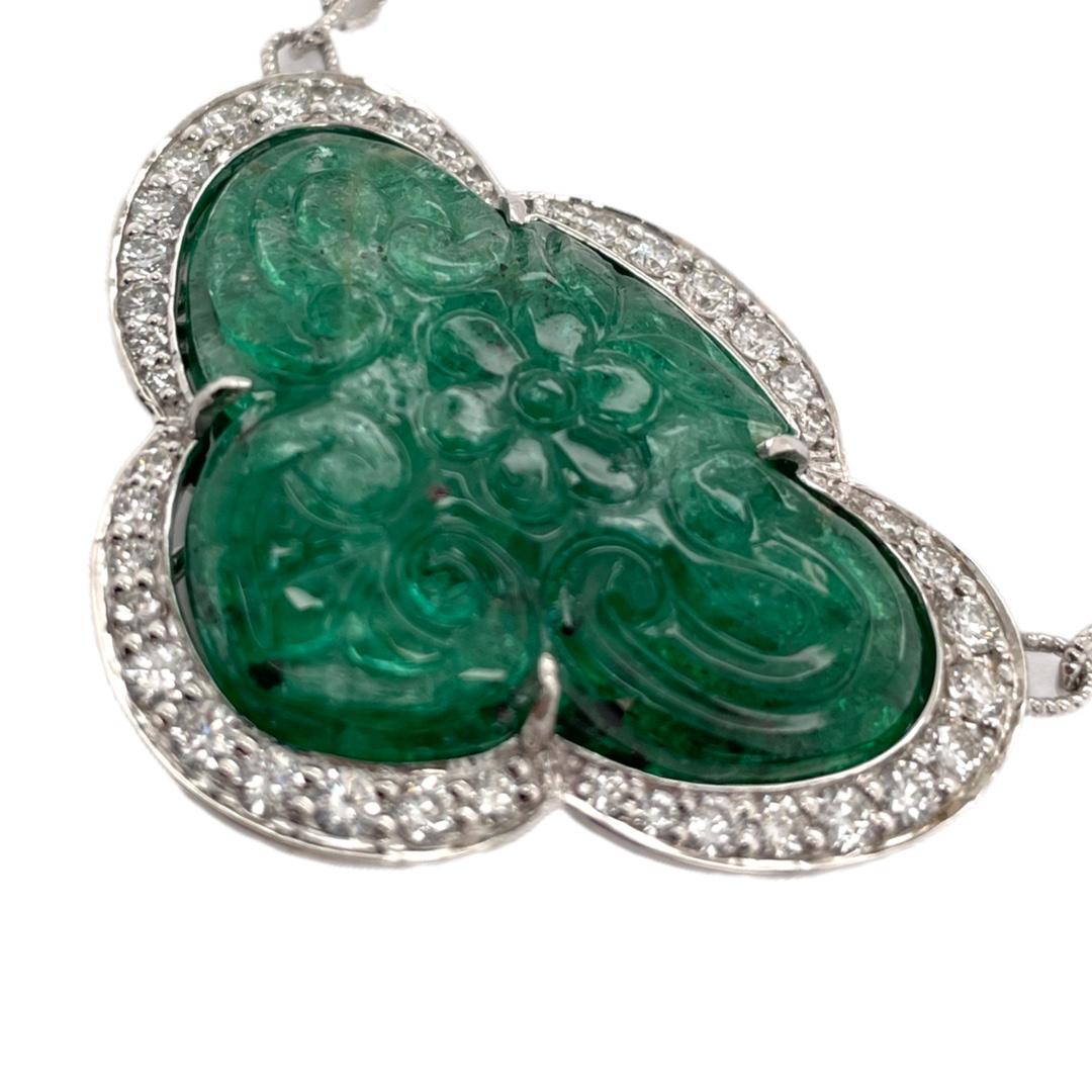 Mixed Cut Floral Carved Emerald & Diamond Pendant in 18K White Gold For Sale