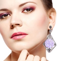 Floral Carved Lavender Jade with Lovely Diamond Detailed Earrings