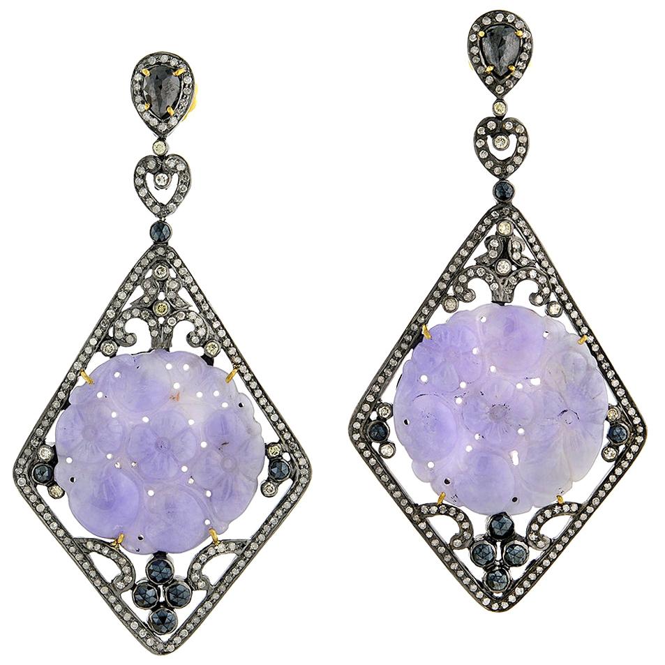 Floral Carved Lavender Jade with Lovely Diamond Detailed Earrings