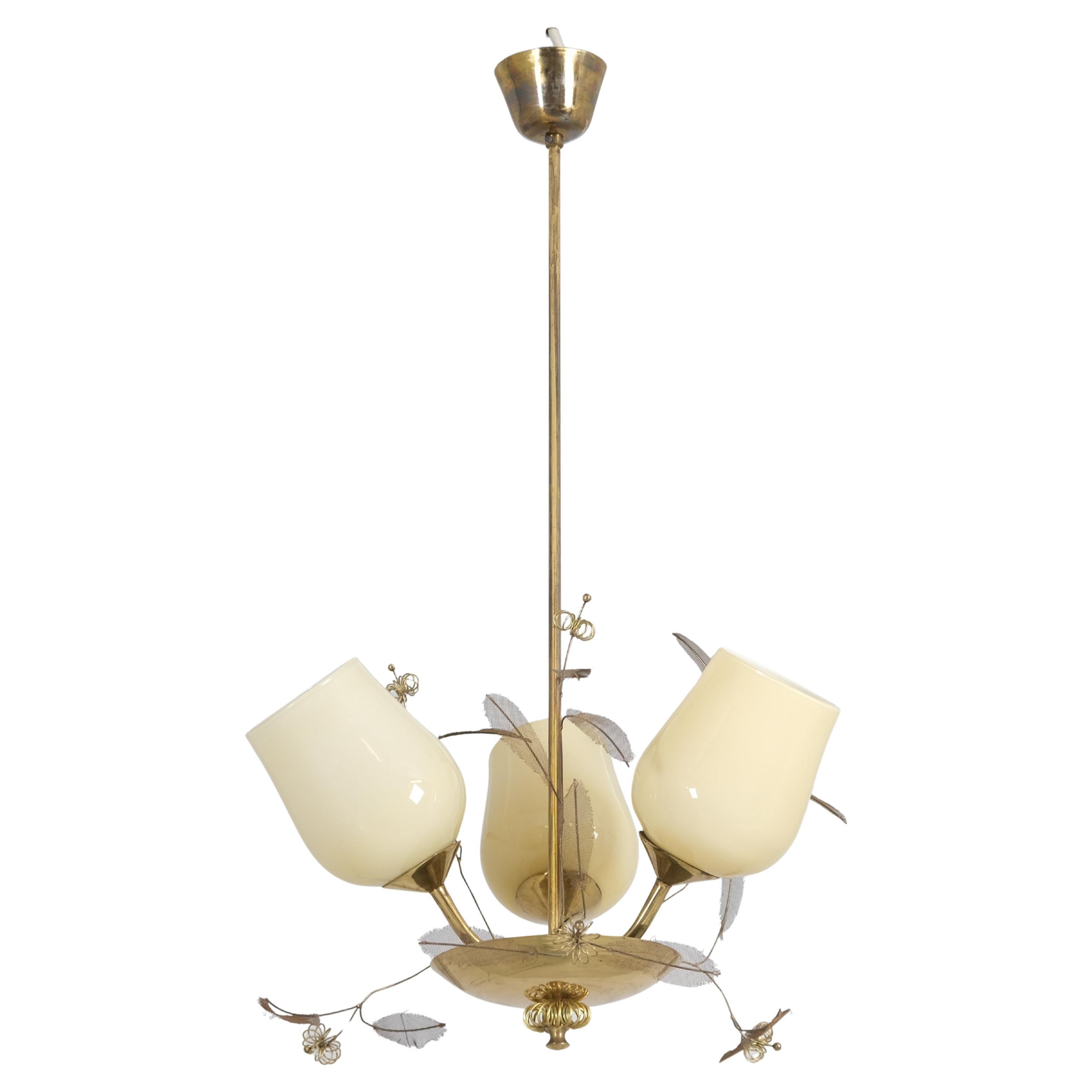 Floral Chandelier in the Style of Paavo Tynell, Brass and Glass, Finland 1950s