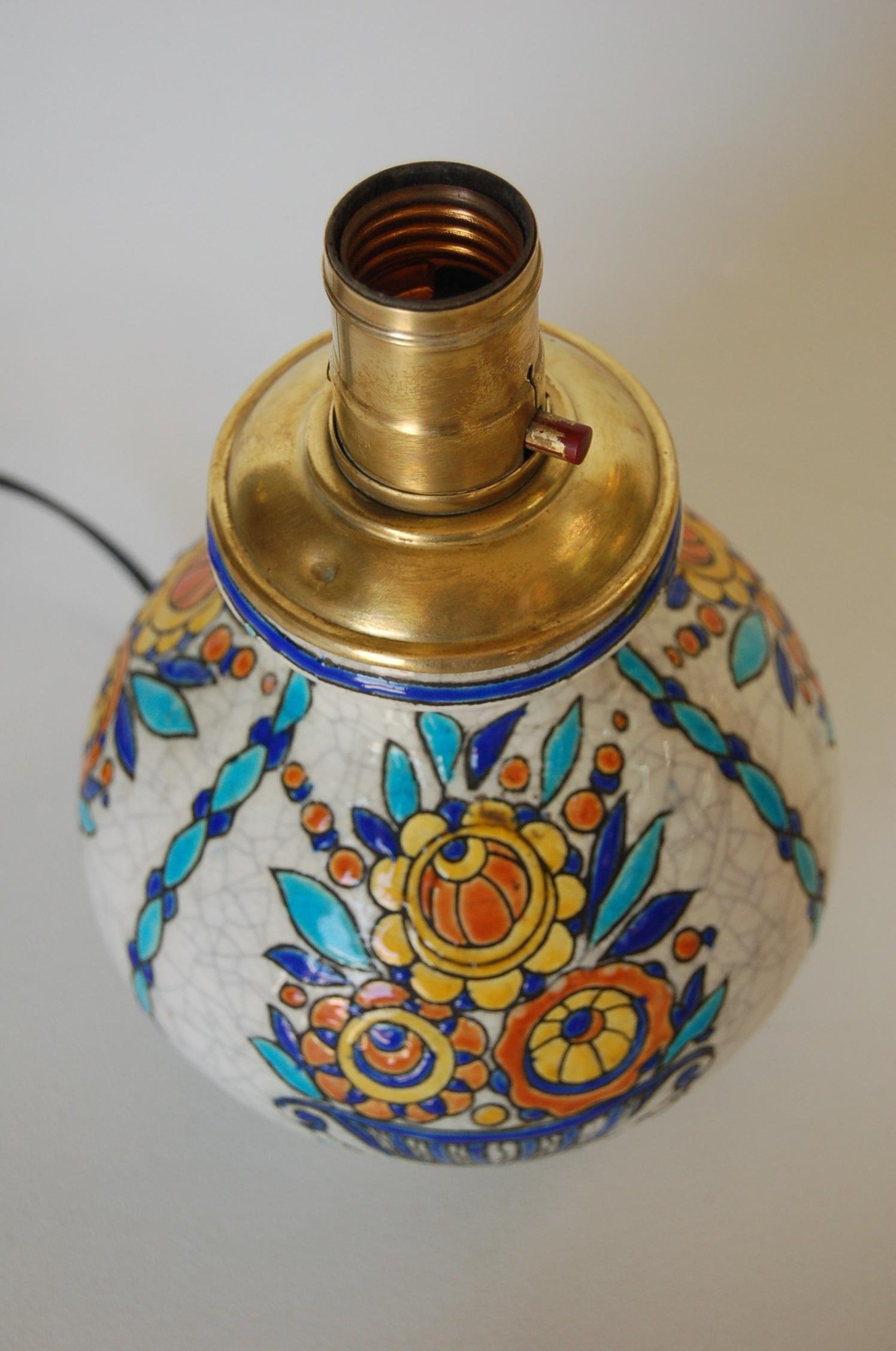Antique floral ceramic table lamp by Belgian Designer Boch Freres Keramis. Measure 6