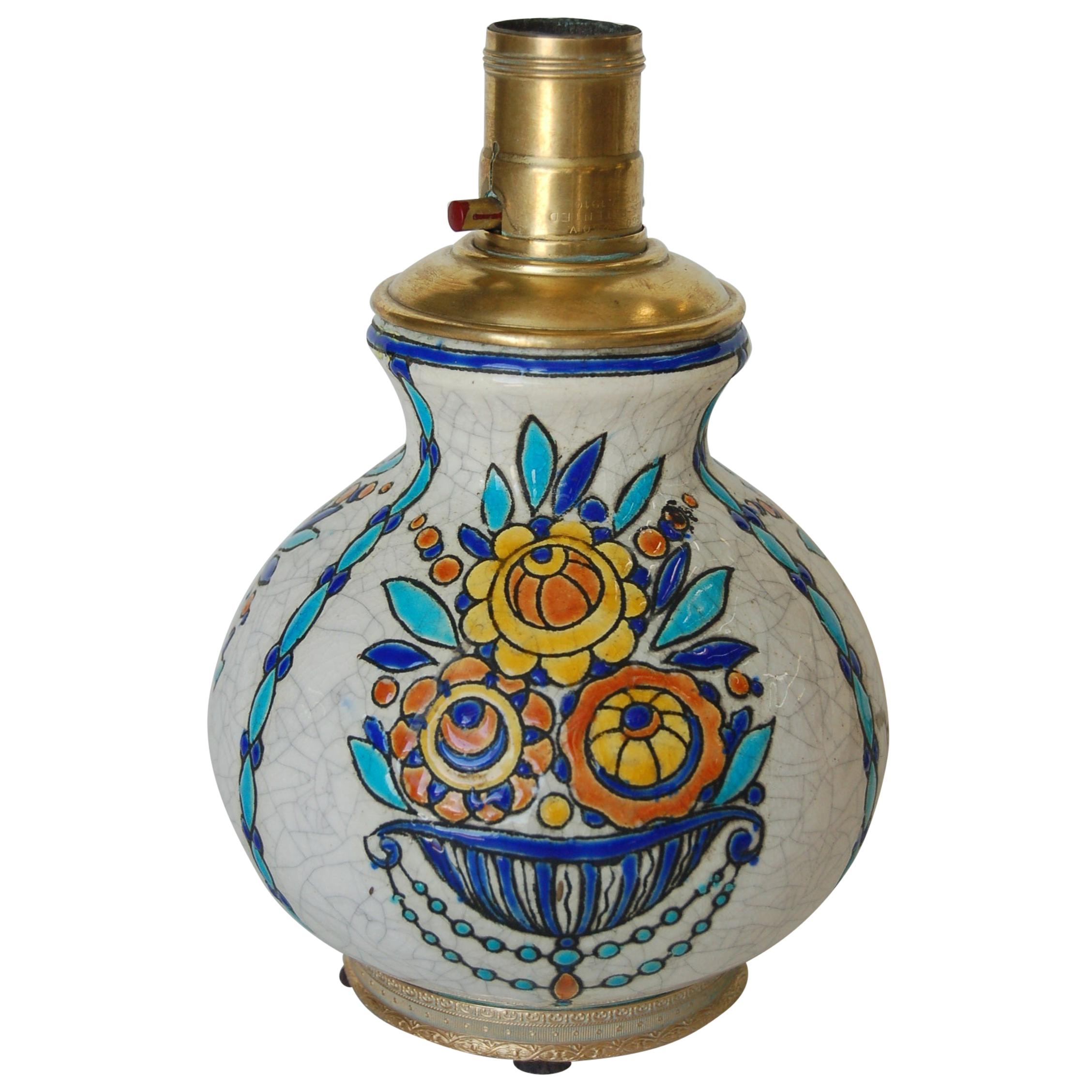 Tischlampe aus geblümter Keramik von Boch Freres Keramis