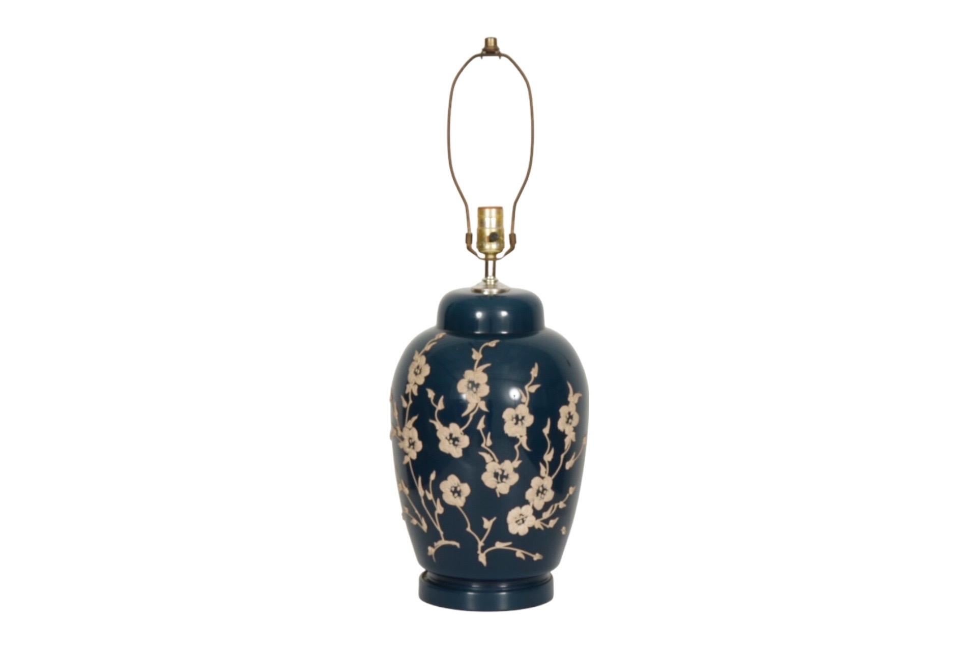 Floral Ceramic Table Lamp in Blue & Tan In Good Condition For Sale In Bradenton, FL