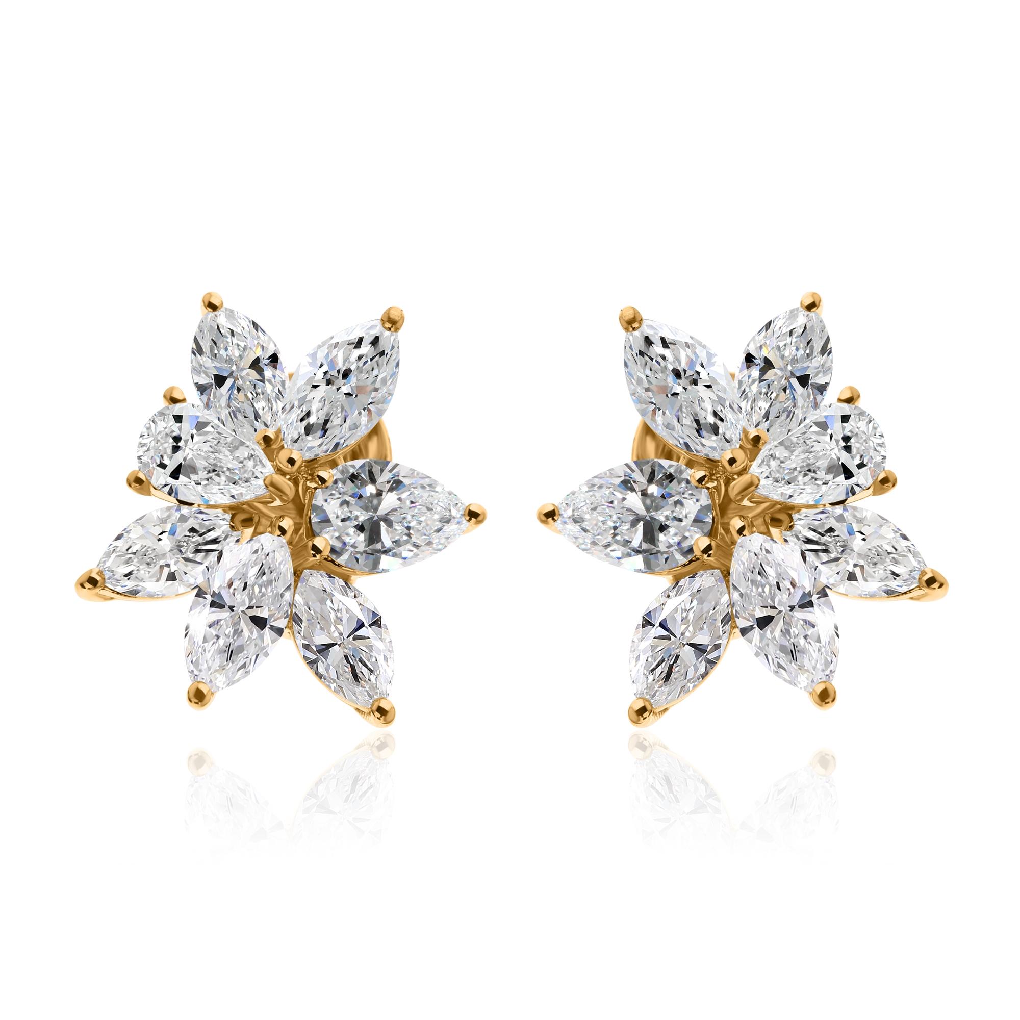 Boucles d'oreilles en or jaune 18k ornées de diamants Marquise certifiés floraux en vente 1