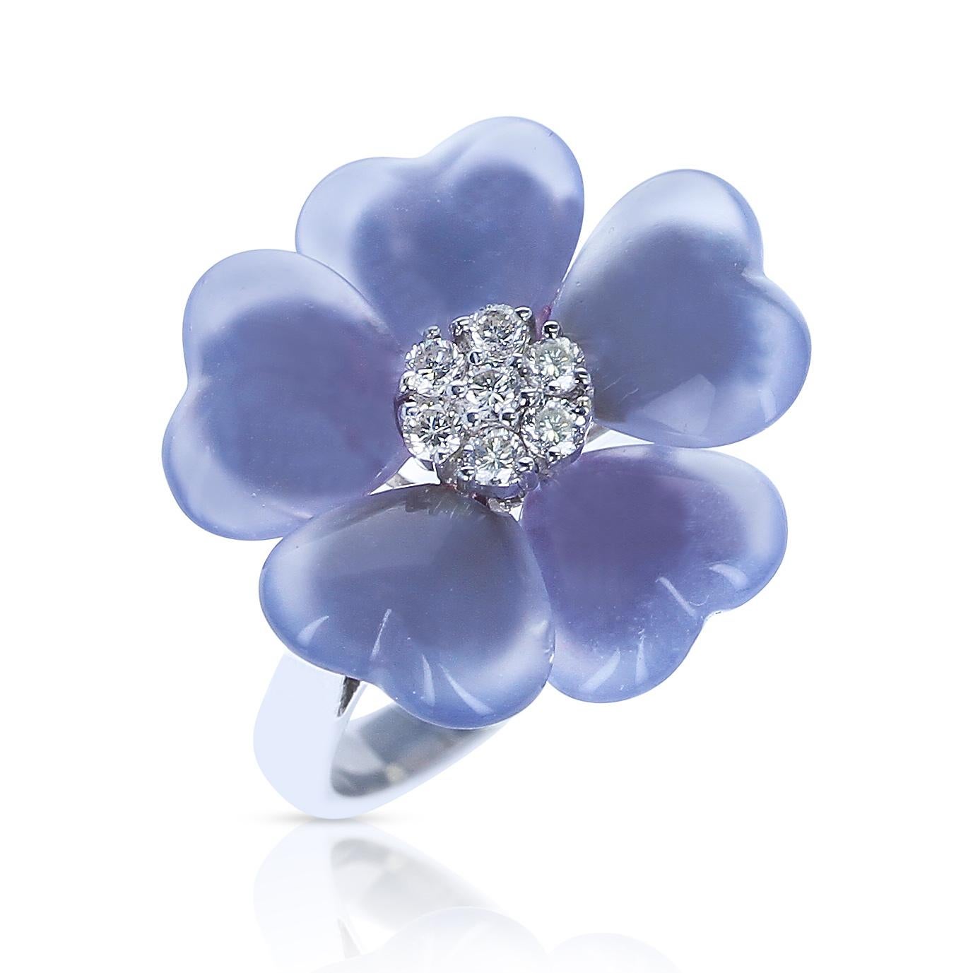 A Floral Chalcedony Ring with Seven Round-Diamonds made in 18 Karat White Gold. Total Weight 8.85 grams. Ring Size US 8. 