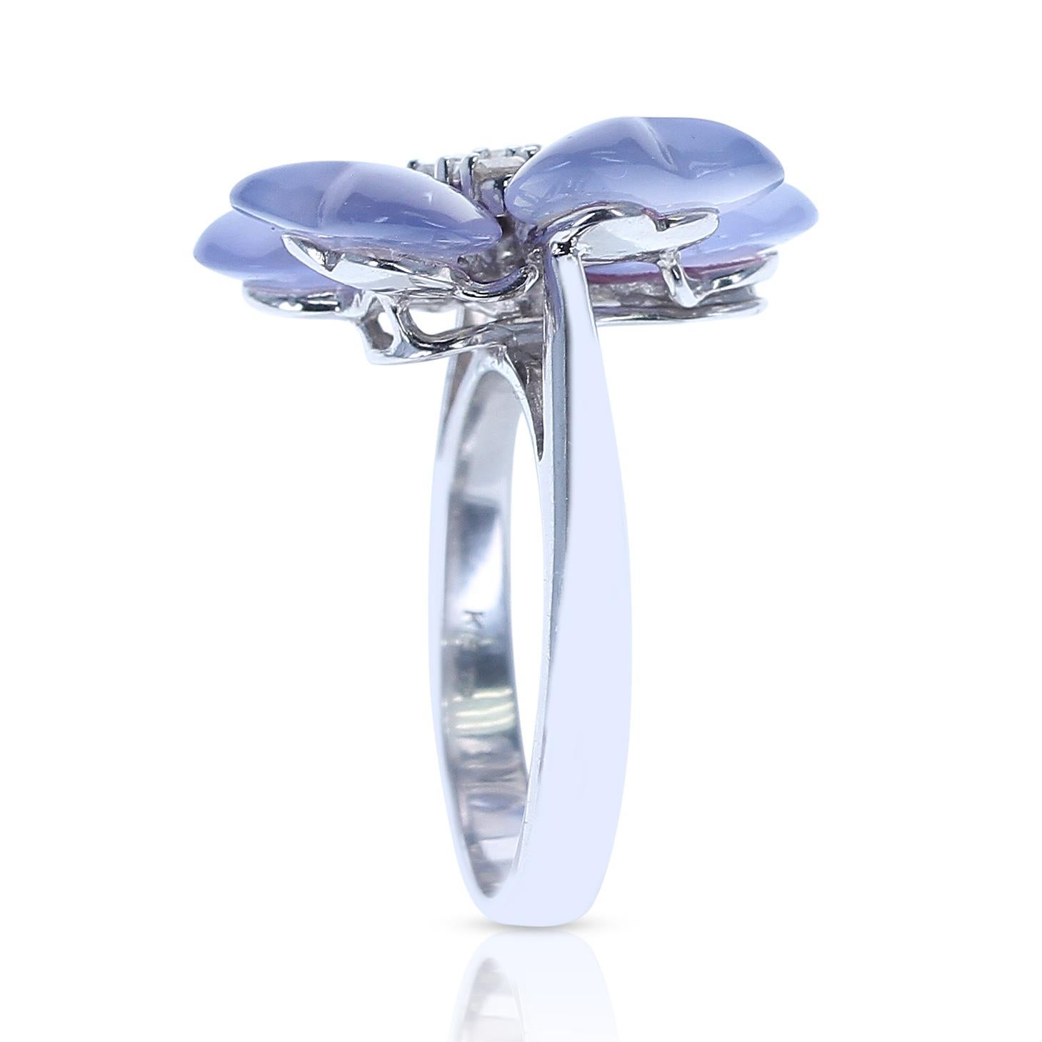 Round Cut Floral Chalcedony Ring with Diamonds, 18K White Gold