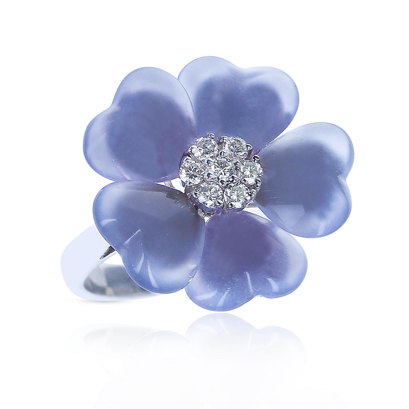Women's or Men's Floral Chalcedony Ring with Diamonds, 18K White Gold