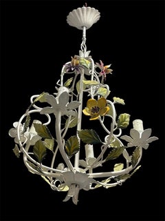 Floral chandelier Bright Bianci Glamour Tole hand paint Metal , Italy 1960s