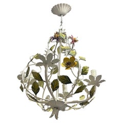 Floral chandelier Bright Bianci Glamour Italian Tole hand paint Metal , 1960s