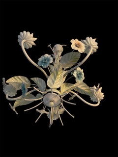 Lustre floral espagnol Glamour Tole peint à la main Métal , espagne 1970