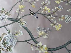 Floral Chinoiserie Wallpaper Hand Painted Wallpaper on Purple Silk