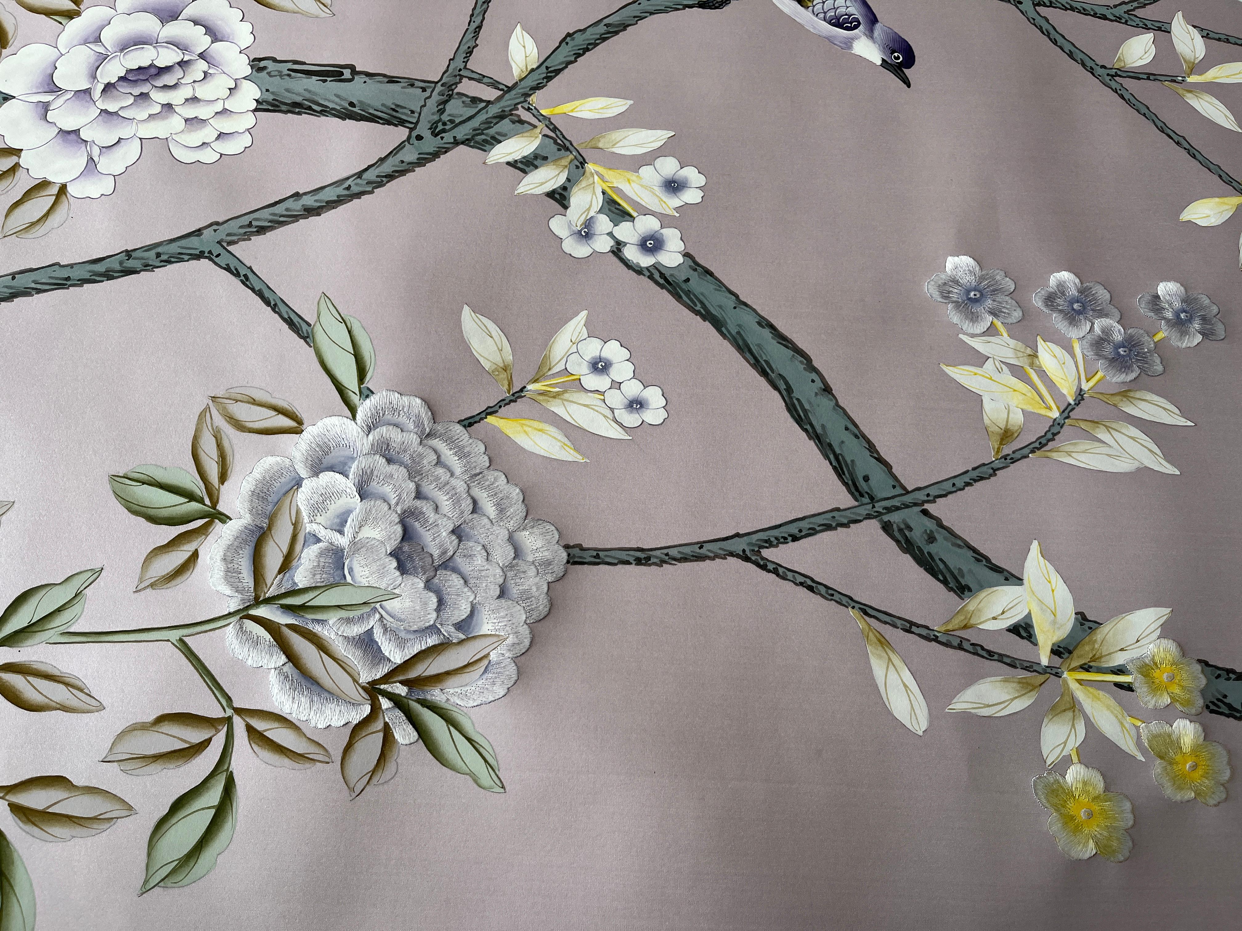 Chinese Floral Chinoiserie Wallpaper Hand Painted Wallpaper on Purple Silk For Sale