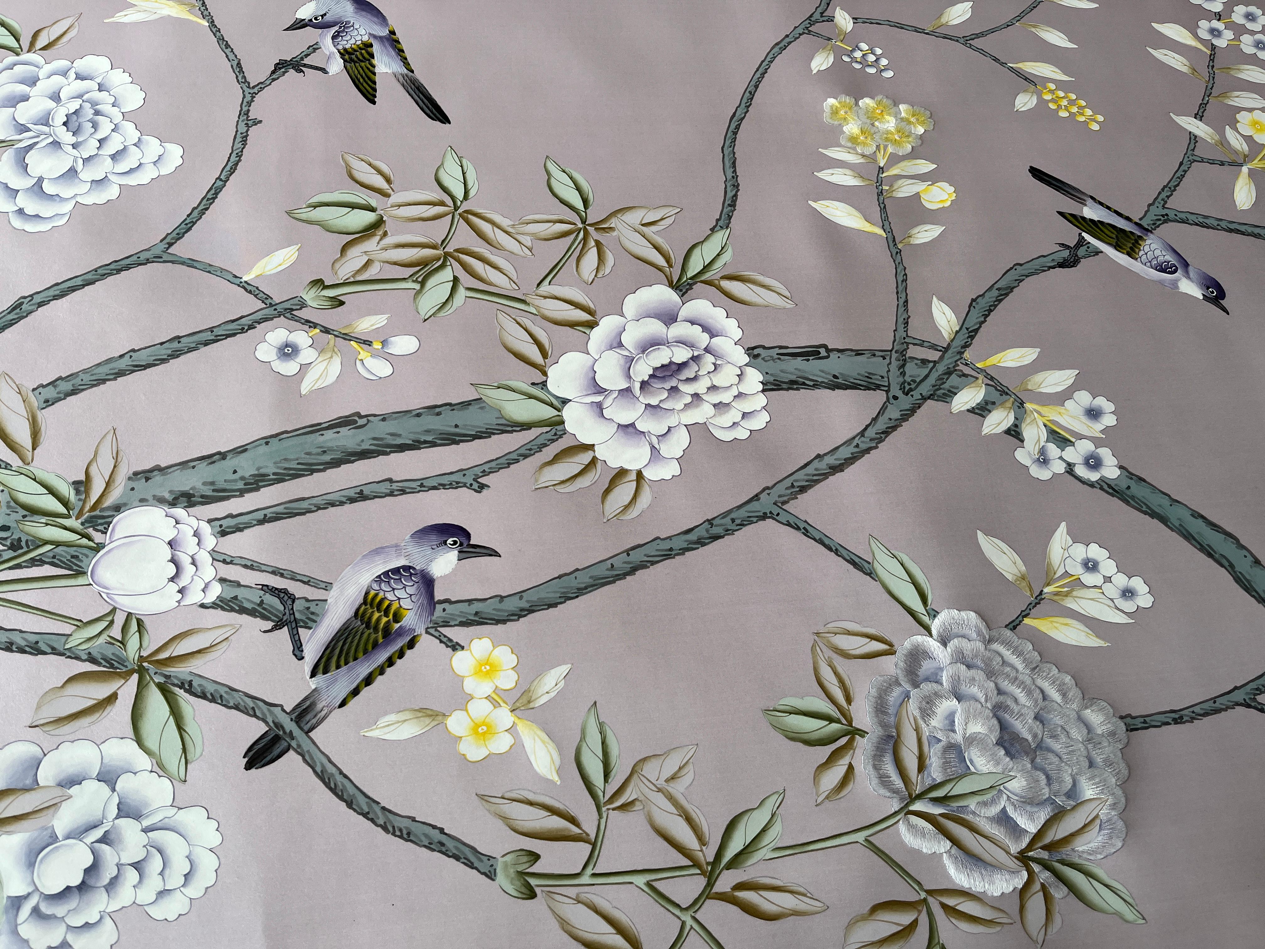 Hand-Painted Floral Chinoiserie Wallpaper Hand Painted Wallpaper on Purple Silk For Sale