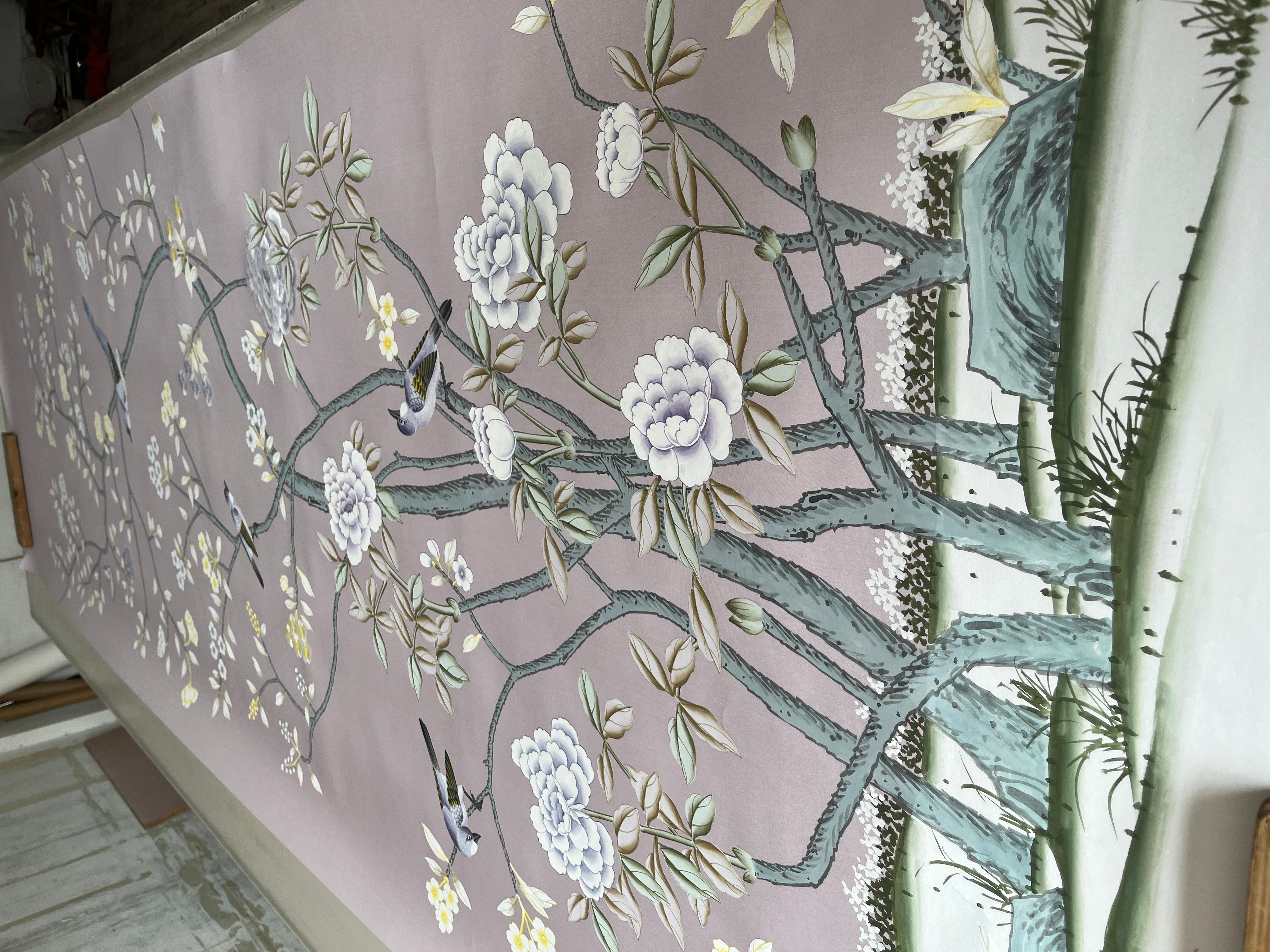 Floral Chinoiserie Wallpaper Hand Painted Wallpaper on Purple Silk In New Condition For Sale In Wuxi, 32